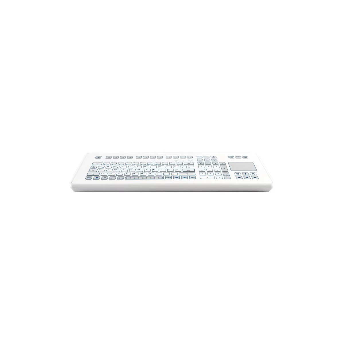 Weiße, flache Hygienetastatur mit integriertem Touchpad auf weißem Hintergrund.