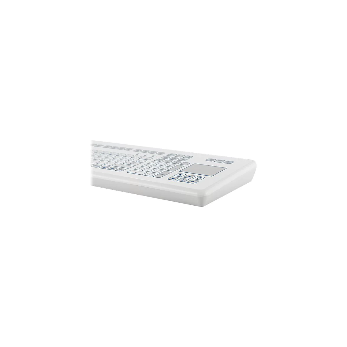 Weiße, flache Hygienetastatur mit integriertem Touchpad und blauer Beschriftung auf weißem Hintergrund.