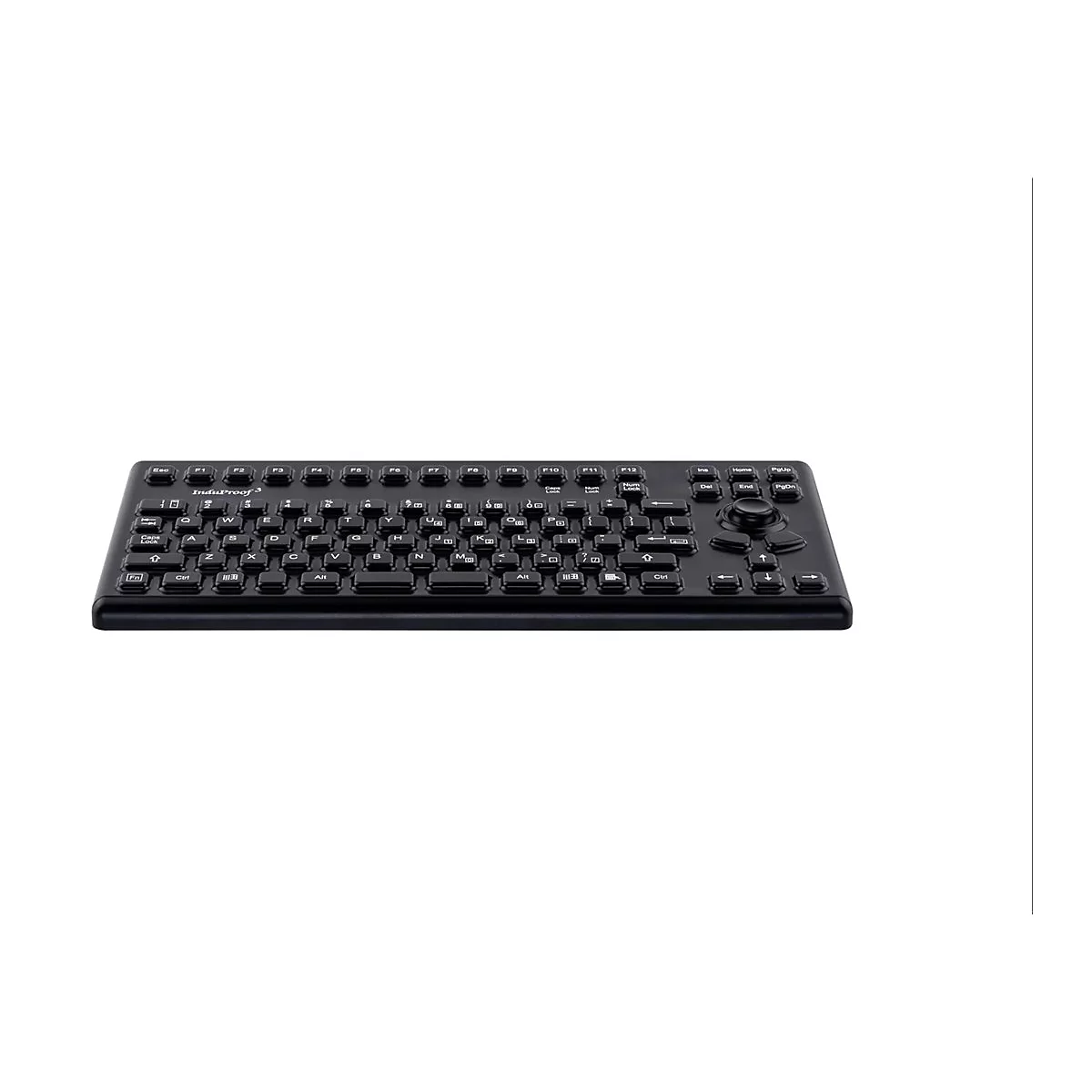 Schwarze, robuste Industrie-Tastatur InduProof 3 mit integriertem Trackball vor weißem Hintergrund.