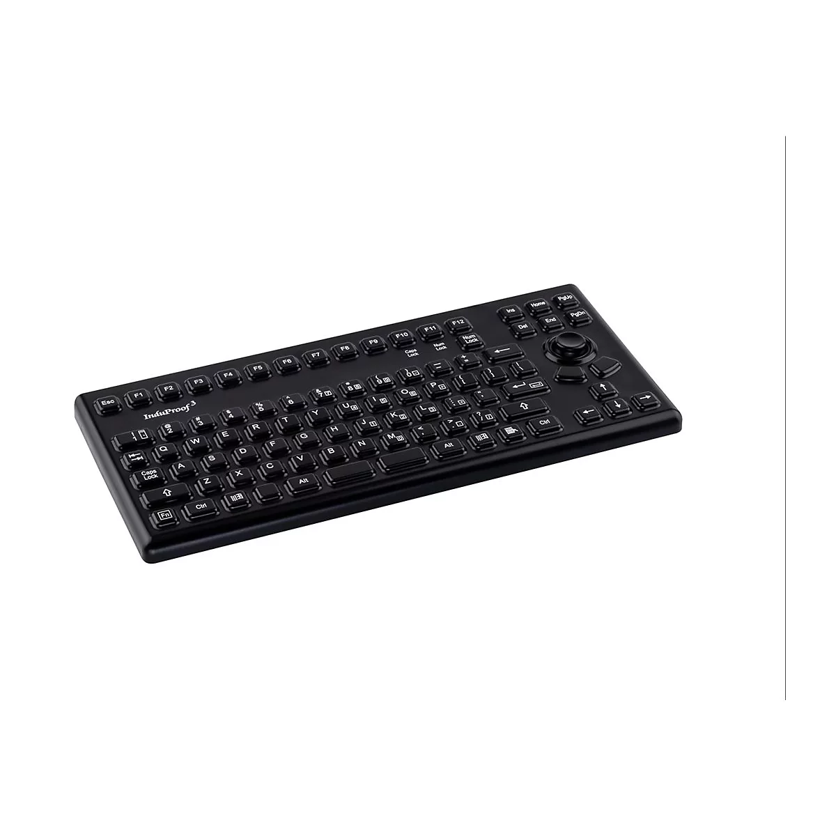 Schwarze, robuste Industrietastatur InduProof 3 mit integriertem Trackball auf weißem Hintergrund.
