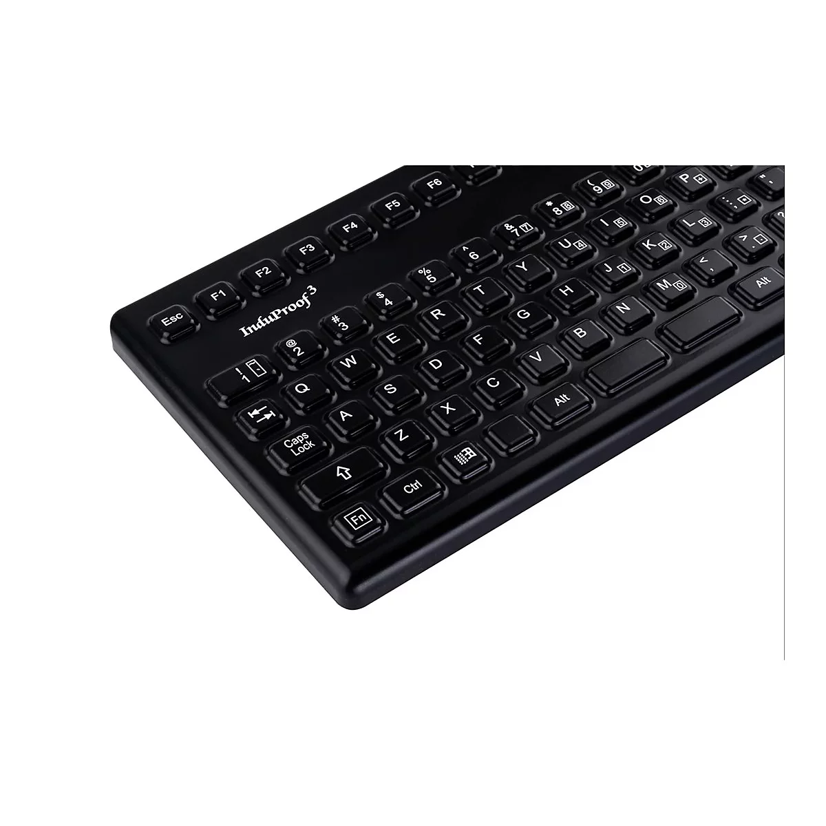 Schwarze Industrie-Tastatur InduProof 3 mit QWERTZ-Layout auf weißem Hintergrund.