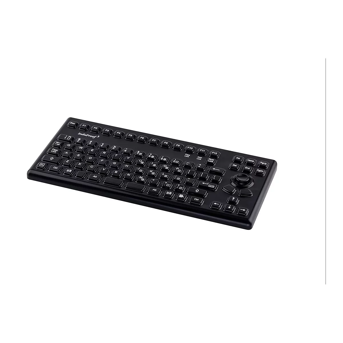 Schwarze, robuste Industrie-Tastatur mit integriertem Maus-Trackball vor weißem Hintergrund.