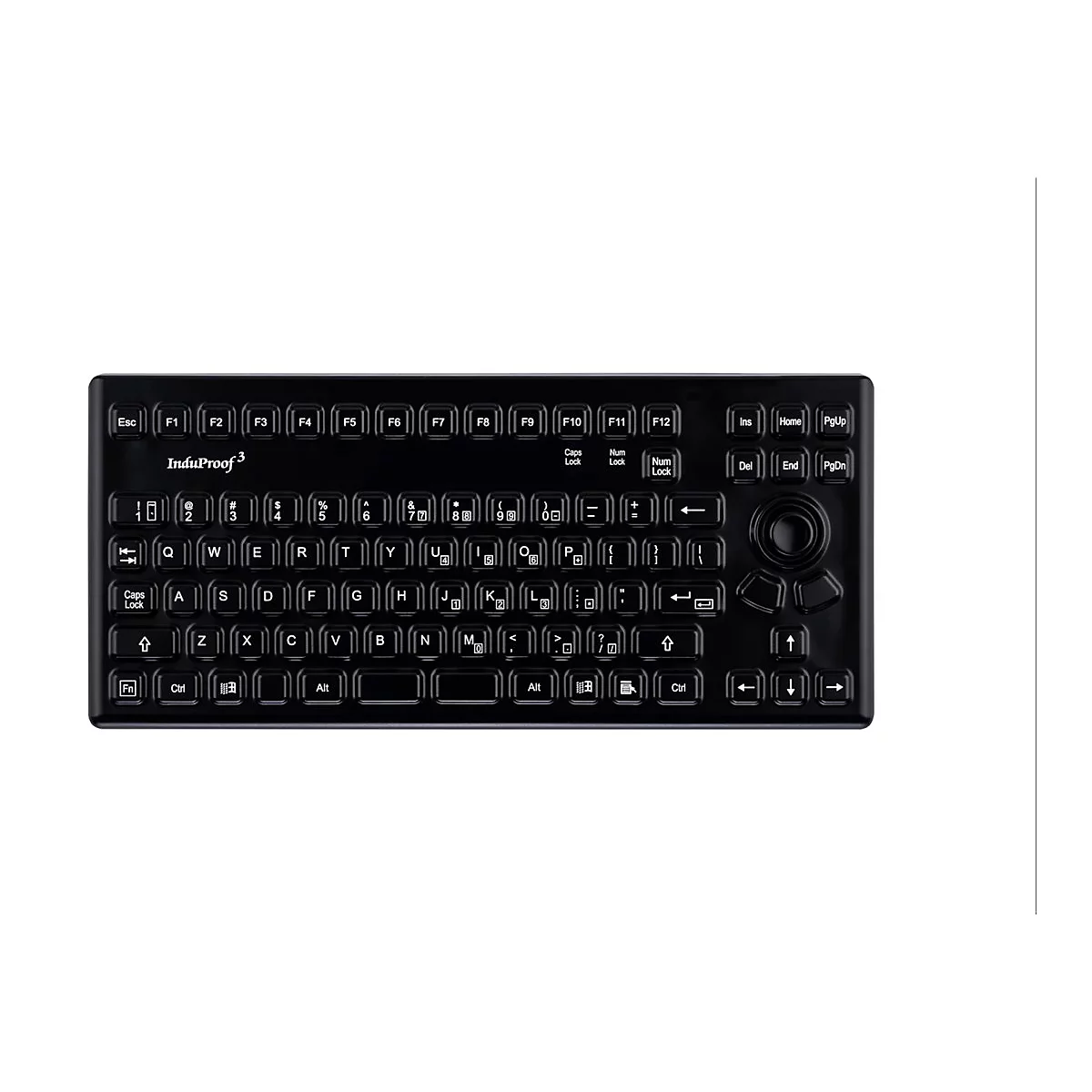 Schwarze, wasserdichte InduProof 3 Kompakt-Tastatur mit integriertem Trackball auf weißem Hintergrund.
