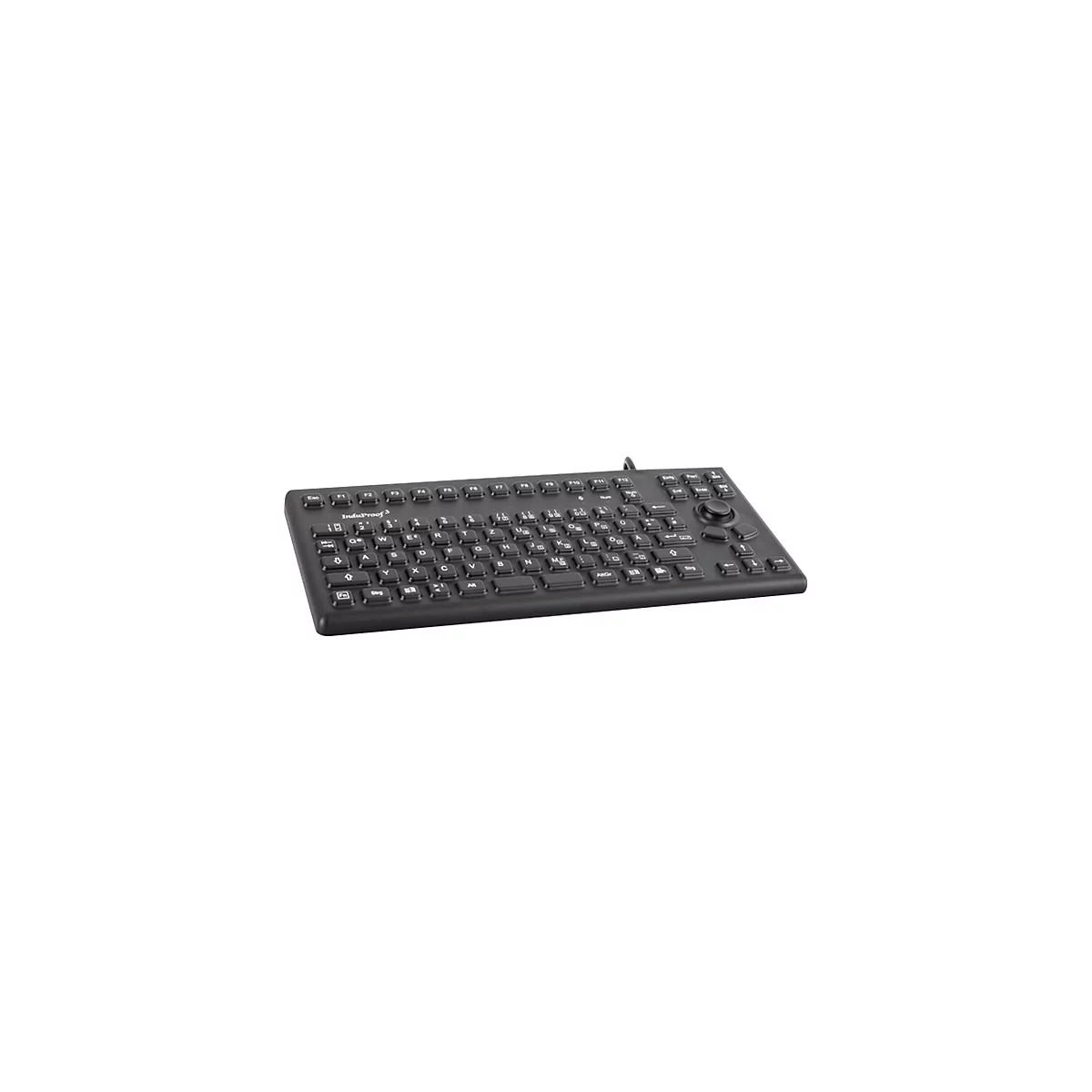 Schwarze, wasserdichte Industrietastatur mit integriertem Trackball vor weißem Hintergrund.