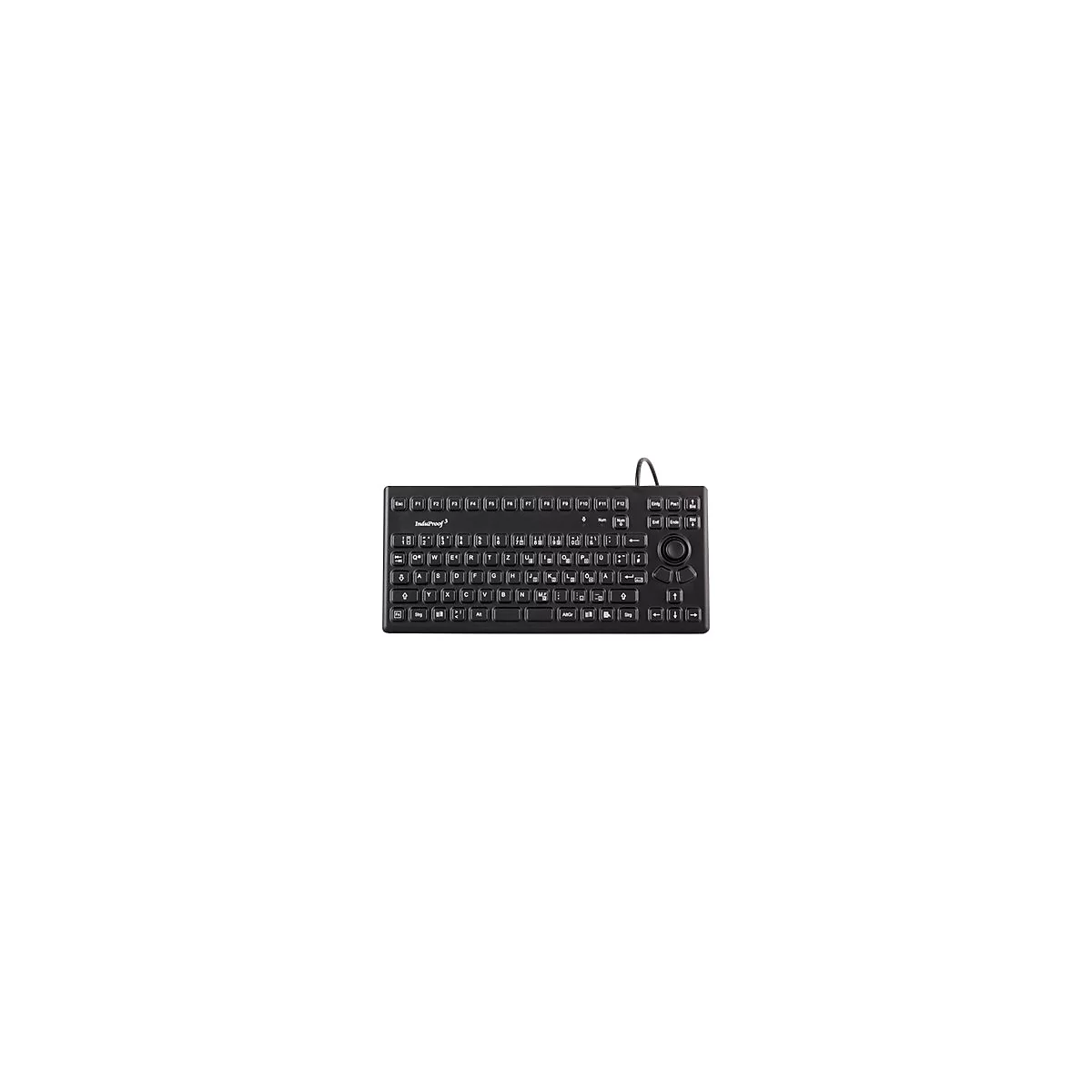 Schwarze, robuste InduProof 3 Tastatur mit integriertem Trackball vor weißem Hintergrund.