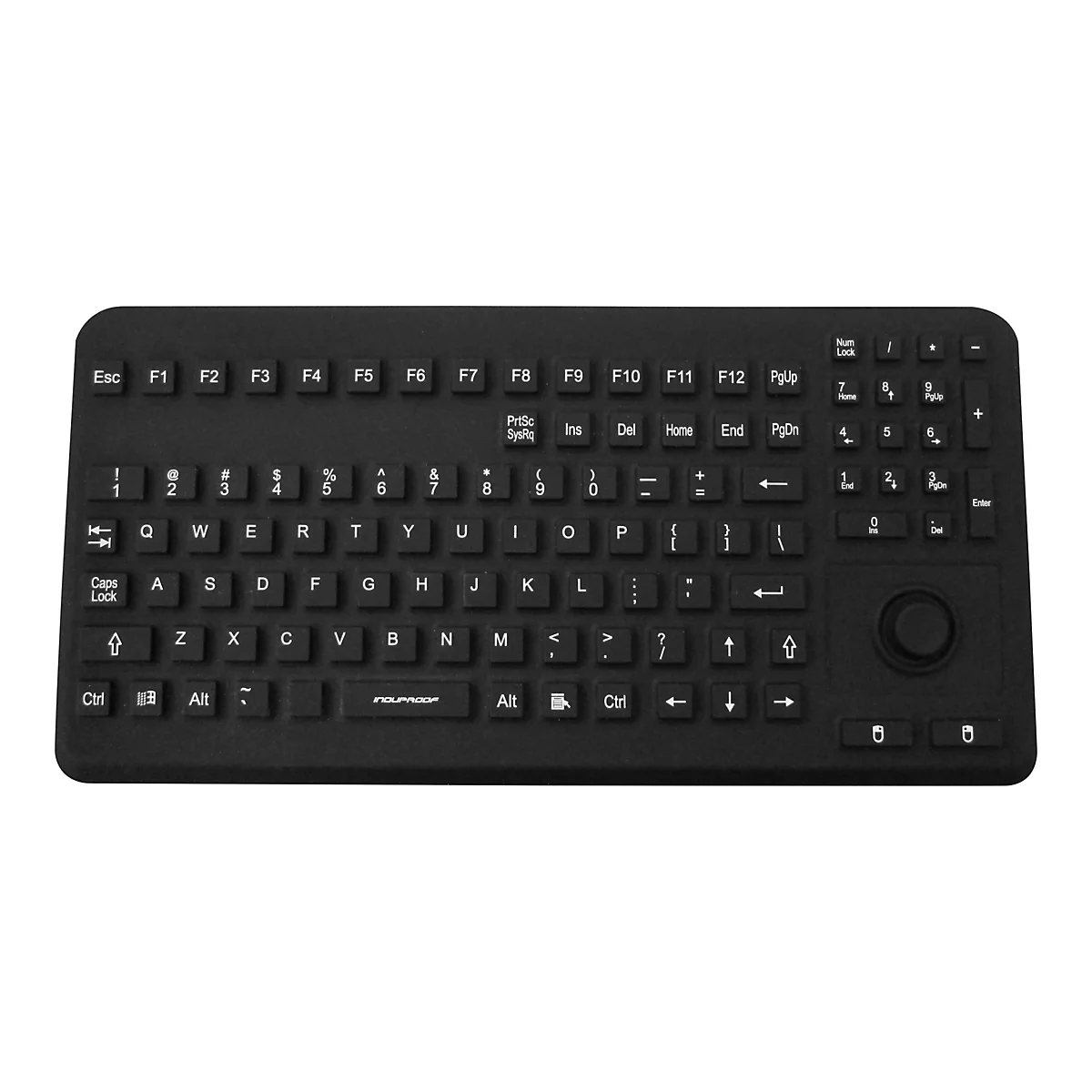 Schwarze, wasserdichte Silikontastatur mit integriertem Maus-Trackball vor weißem Hintergrund.