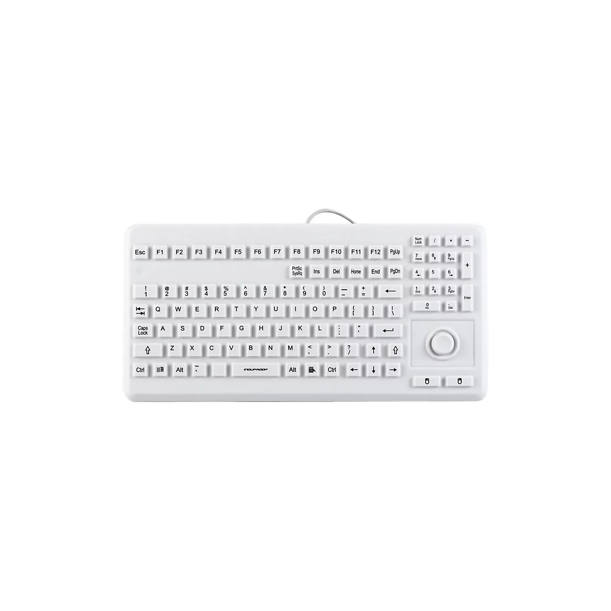 Weiße, robuste Tastatur mit integriertem Trackball und abgerundeten Tasten vor neutralem Hintergrund.