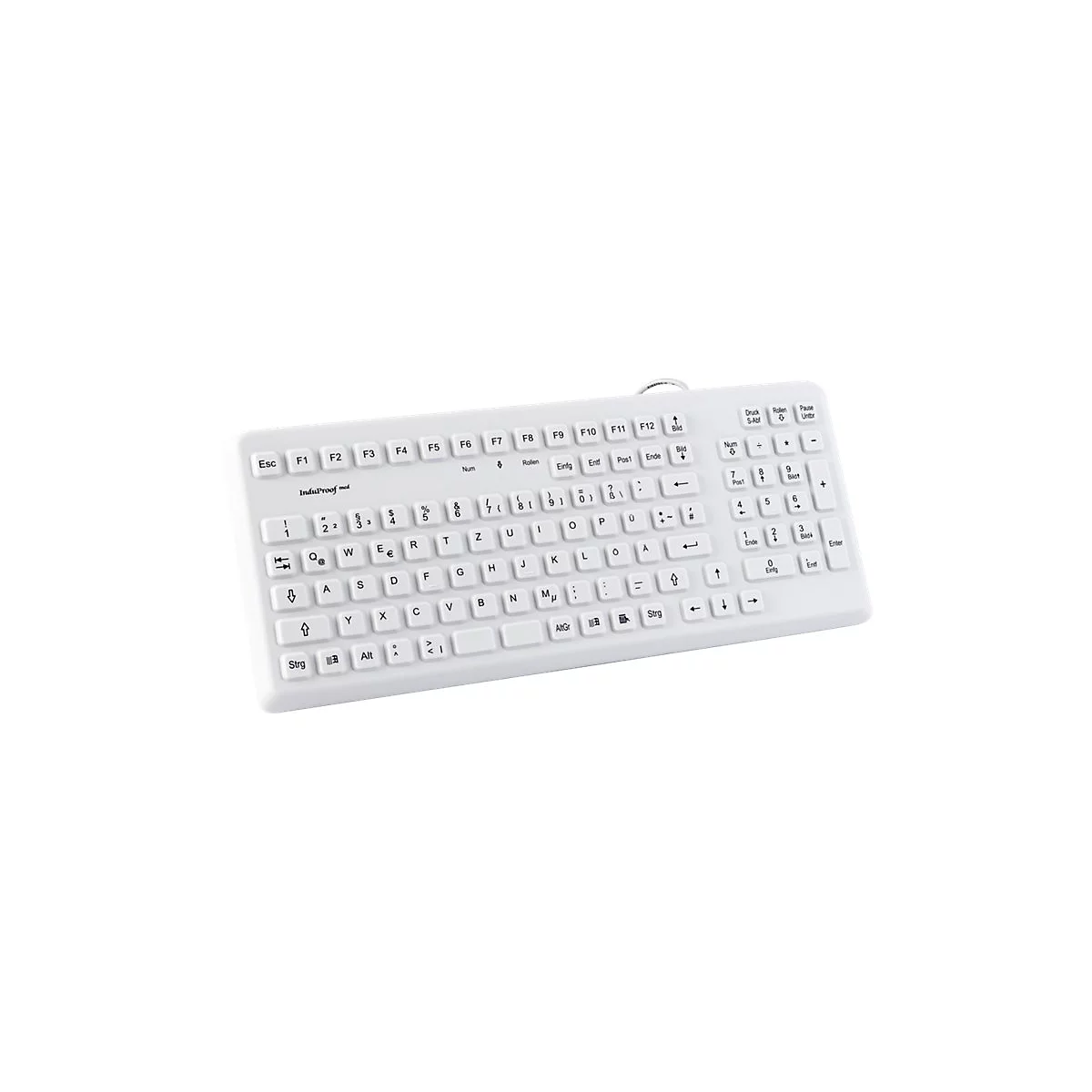 Weiße, hygienische InduProof med Tastatur mit flachen, abgedichteten Tasten für medizinische Umgebungen.