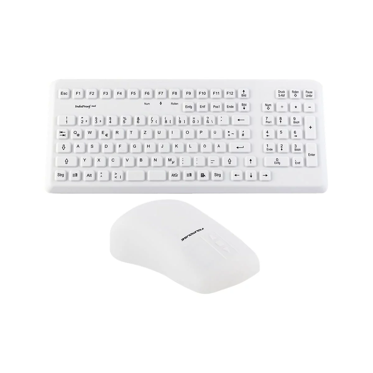 Weiße InduProof-Tastatur mit zugehöriger weißer Computermaus vor neutralem Hintergrund.