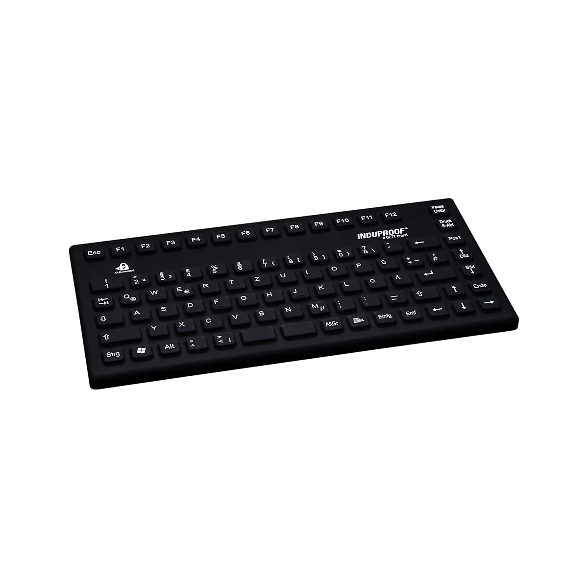 Schwarze, robuste Induproof-Tastatur mit deutschem Layout vor neutralem Hintergrund.
