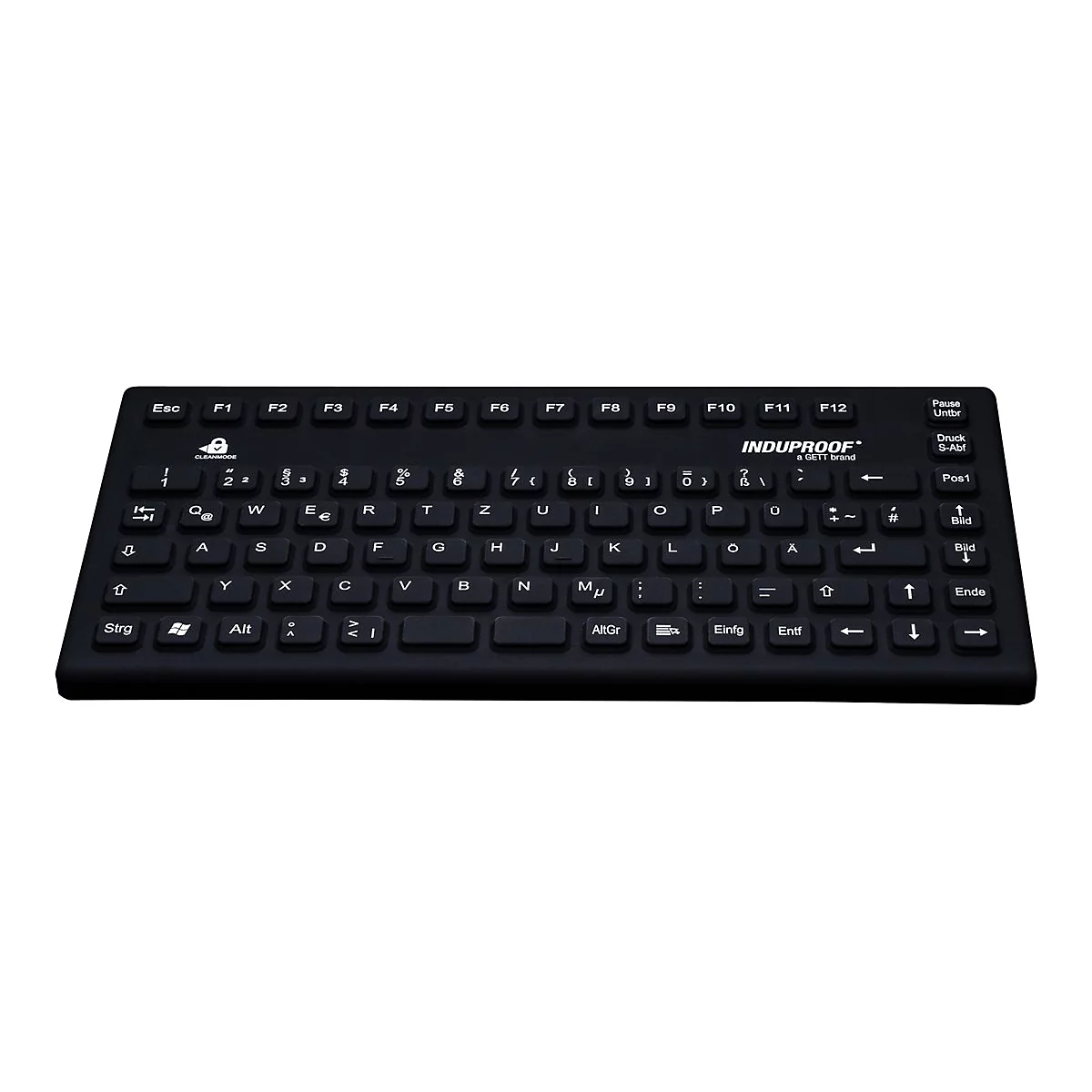 Schwarze, flache Induproof-Tastatur mit deutschem Layout auf weißem Hintergrund.