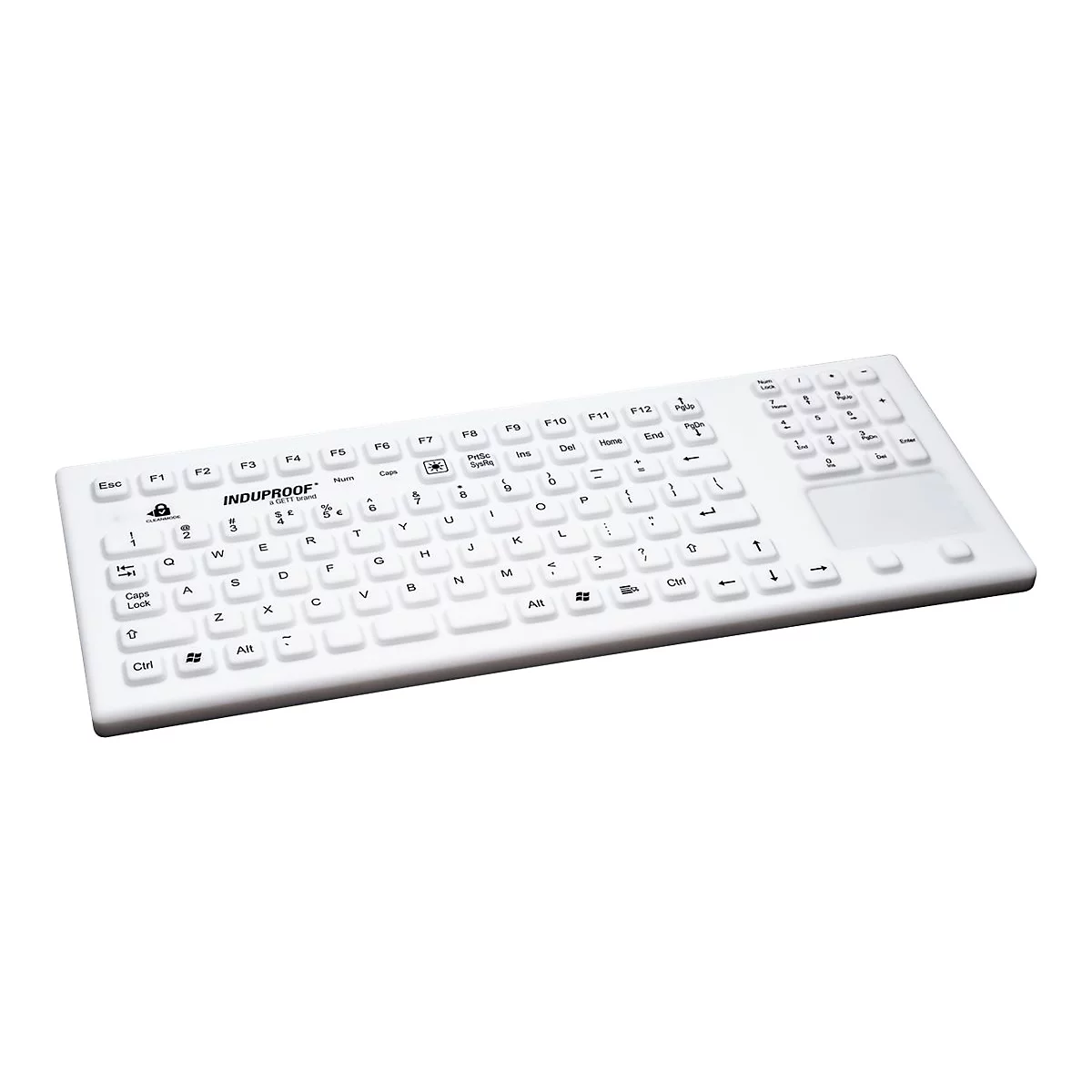 Weiße, wasserdichte Silikontastatur mit integriertem Touchpad auf weißem Hintergrund.