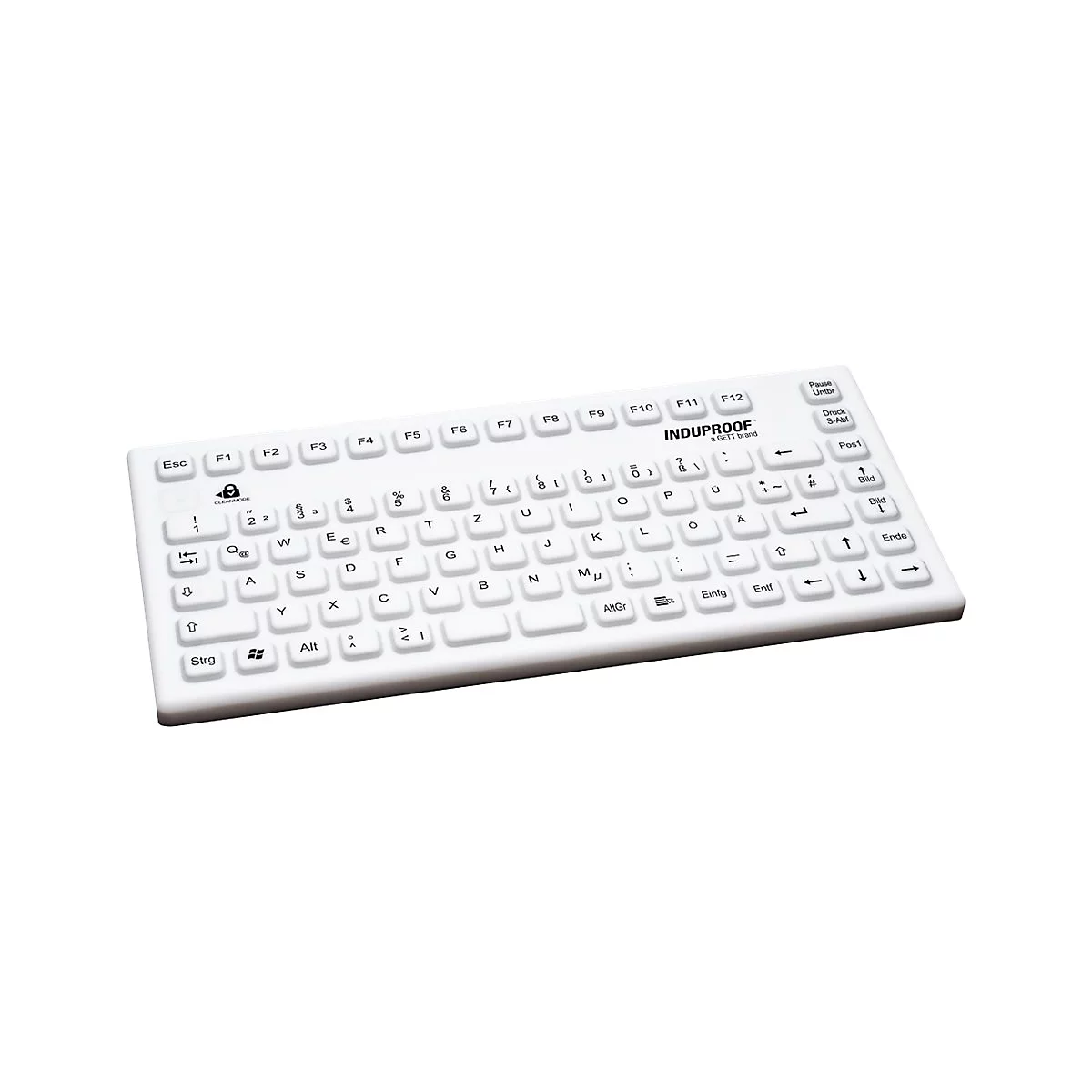 Weiße, flache Induproof-Tastatur mit deutschem Layout auf weißem Hintergrund.