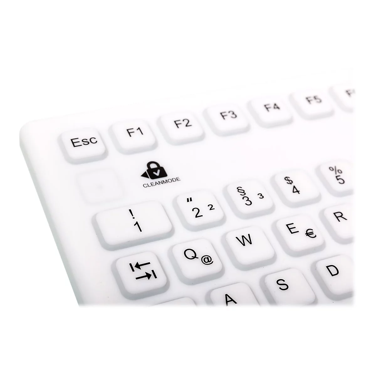 Nahaufnahme einer weißen Silikon-Tastatur mit Fokus auf die obere linke Ecke inklusive Clean-Mode-Taste.