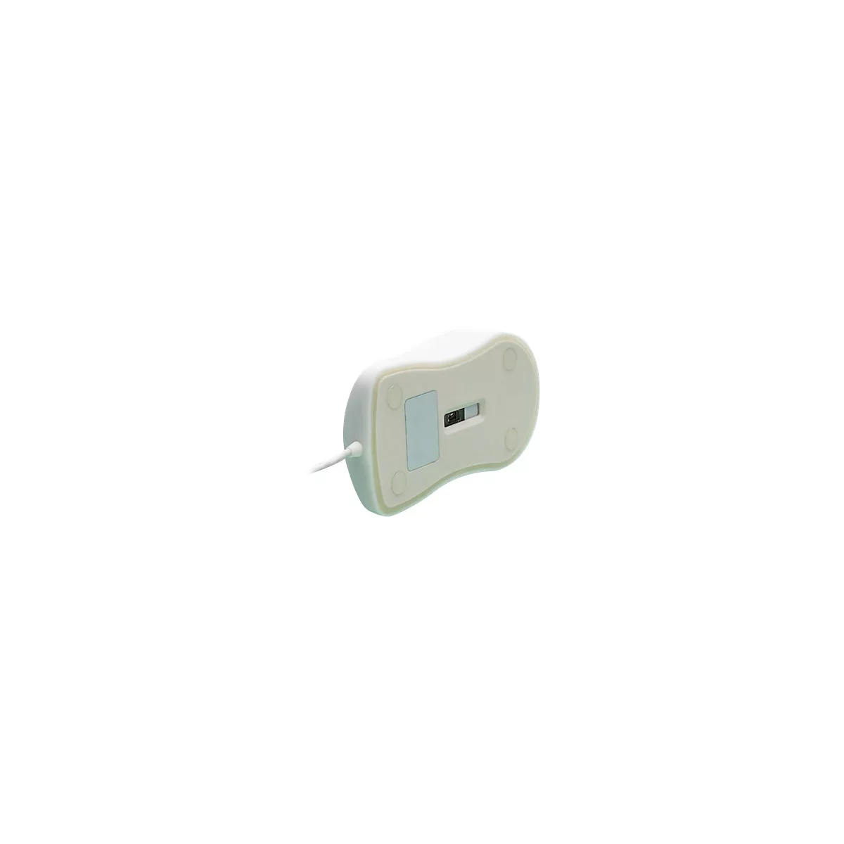 Unterseite einer weißen Computermaus mit Kabel auf weißem Hintergrund.