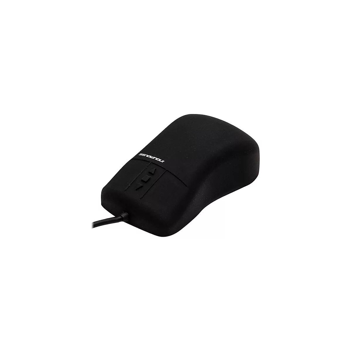 Schwarze, ergonomische InduMouse Kabel-Computermaus mit integrierten Tasten auf weißem Hintergrund.