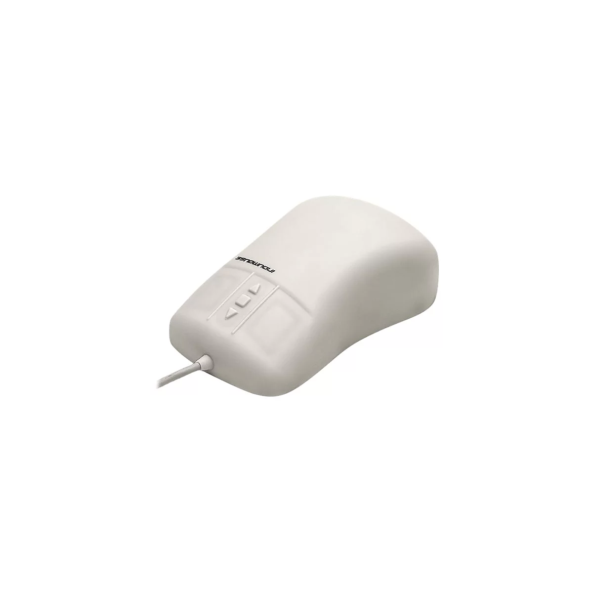Hellgraue, kabelgebundene Industriemaus mit flachen Tasten und integriertem Touchpad.