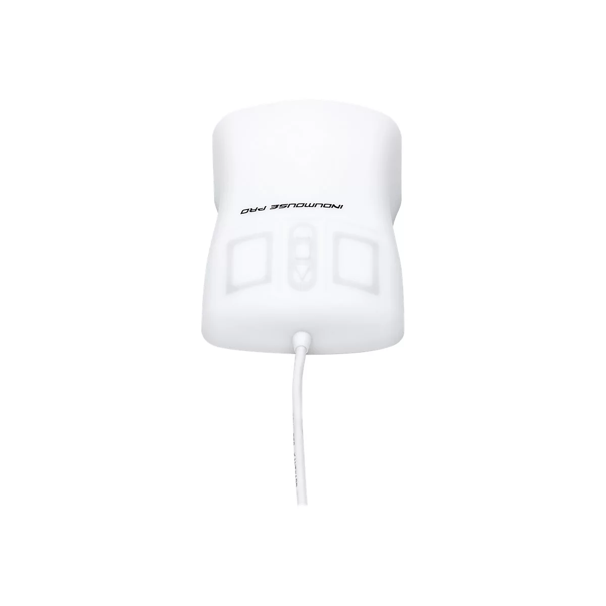 Weiße, kabelgebundene Computermaus Indumouse Pro mit zwei Tasten und zentralem Scroll-Bereich vor weißem Hintergrund.