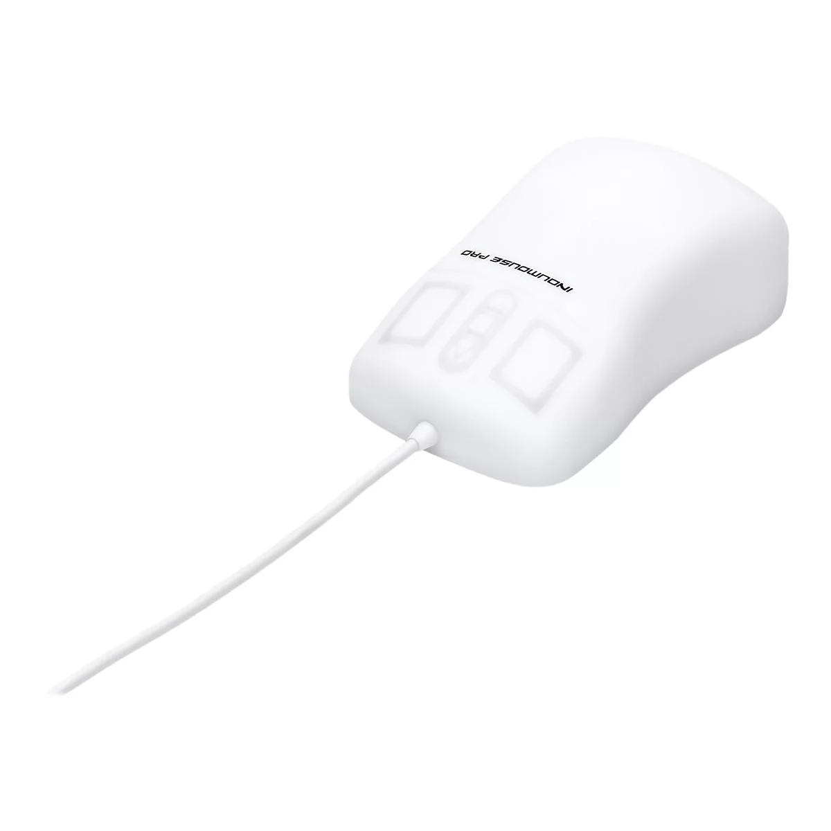 Weiße, kabelgebundene Computermaus mit glatter Oberfläche und der Aufschrift Indumouse Pro.