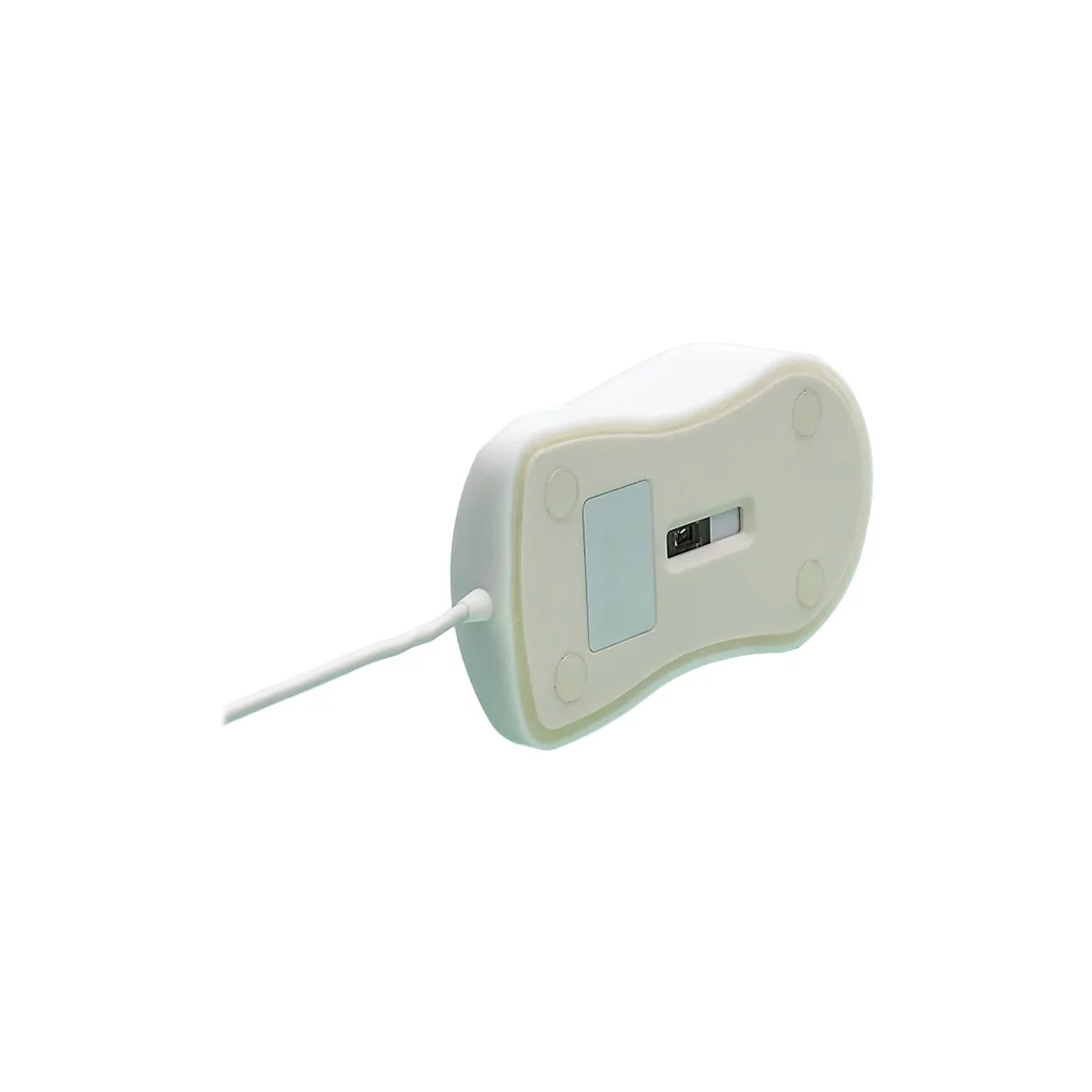 WeiÃŸe Maus, Unterseite. Sichtbar sind GleitfÃ¼ÃŸe, Kabel und Schalter.
