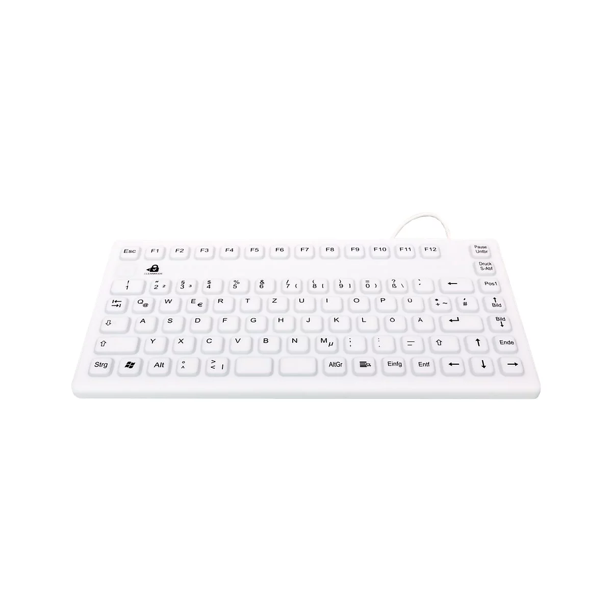 Weiße, flache Hygiene-Tastatur mit deutschem QWERTZ-Layout auf neutralem Hintergrund.