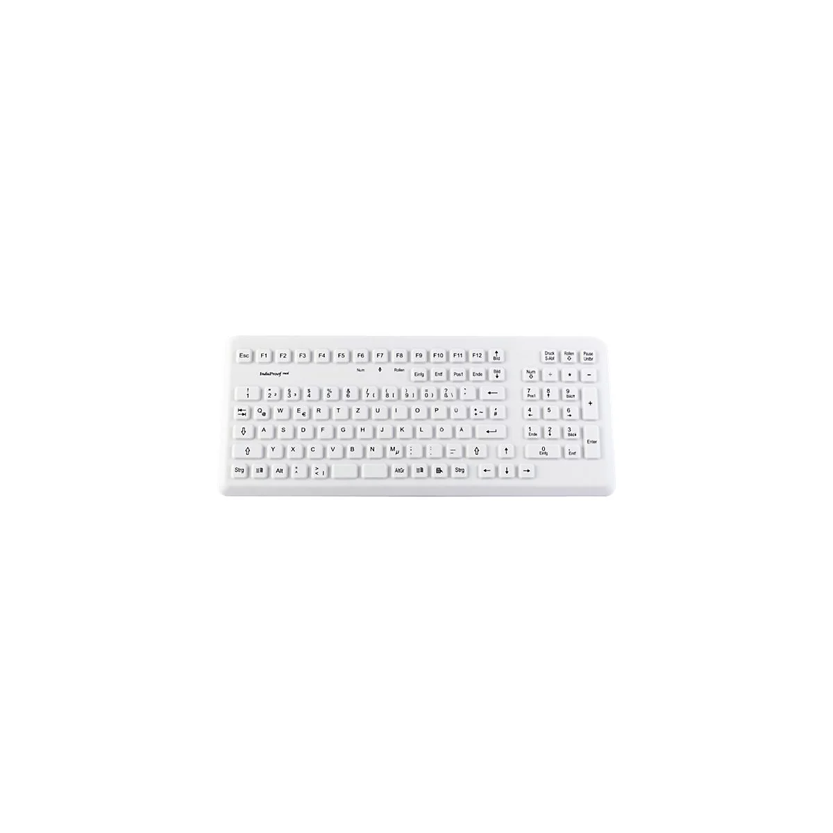 Weiße, hygienische InduProof Tastatur mit deutschem Layout vor neutralem Hintergrund.