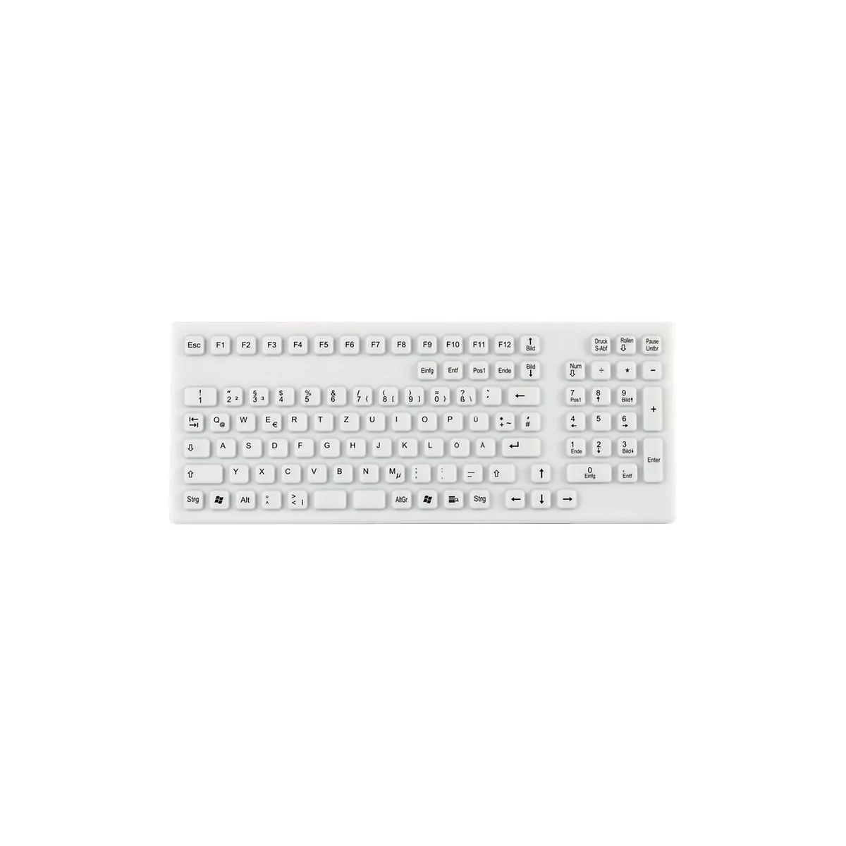 Weiße, kompakte Tastatur mit deutschem QWERTZ-Layout und flachen Tasten vor weißem Hintergrund.