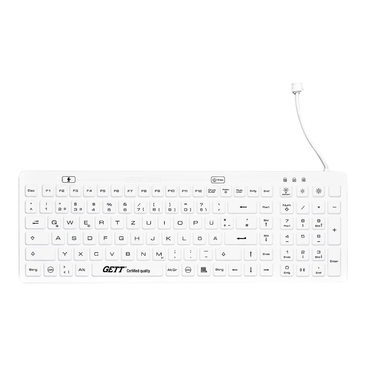 Weiße, wasserdichte Tastatur mit deutschem Layout und Kabelanschluss vor weißem Hintergrund.