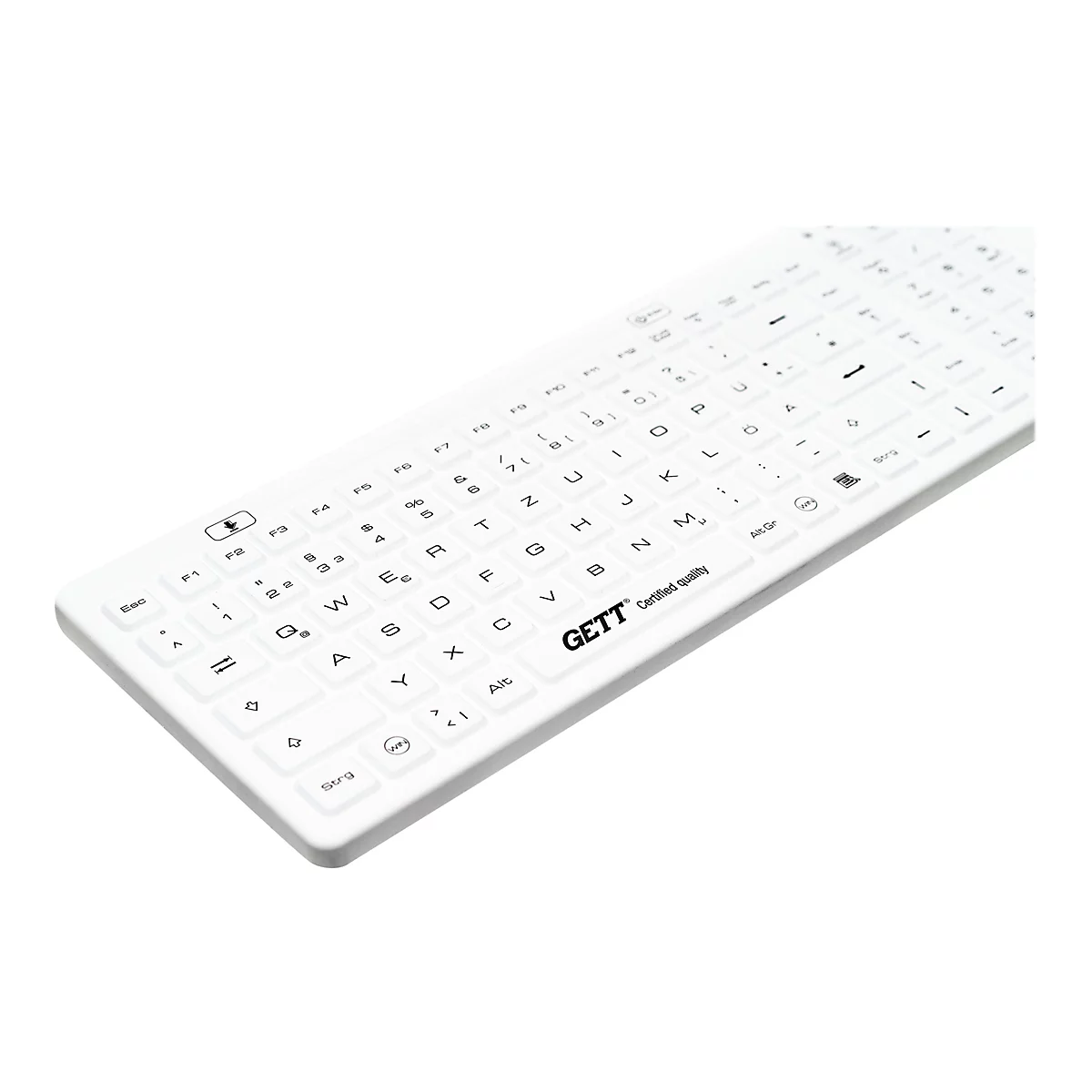 Weiße, flache Hygiene-Tastatur mit GETT-Logo auf weißem Hintergrund.