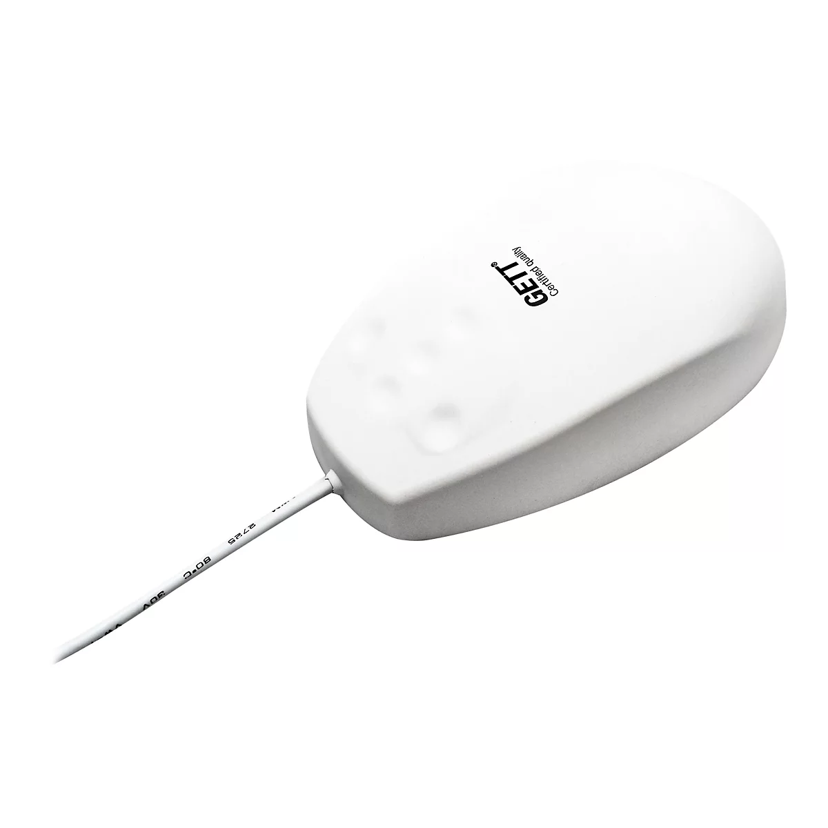 Weiße medizinische Computermaus von GETT mit Kabel vor neutralem Hintergrund.