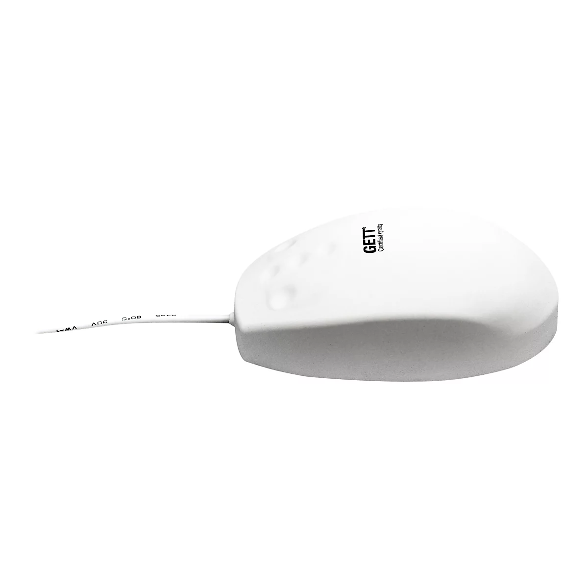 Weiße, versiegelte Computermaus von GETT mit Kabel vor neutralem Hintergrund.