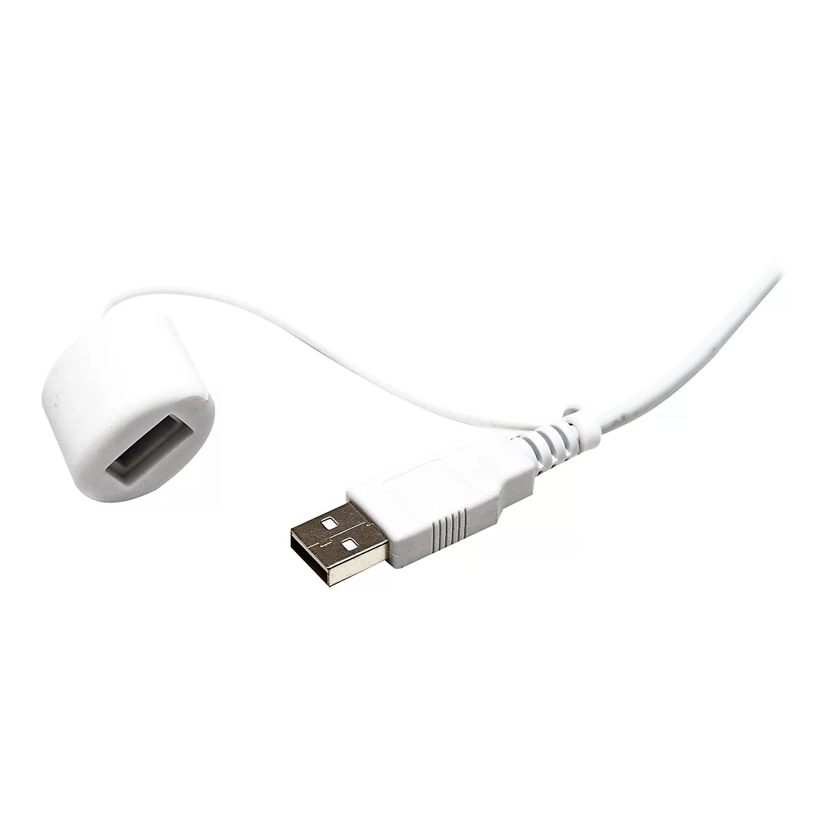 Weißes USB-Verlängerungskabel mit einer USB-Buchse an einem Ende und einem USB-Stecker am anderen Ende.