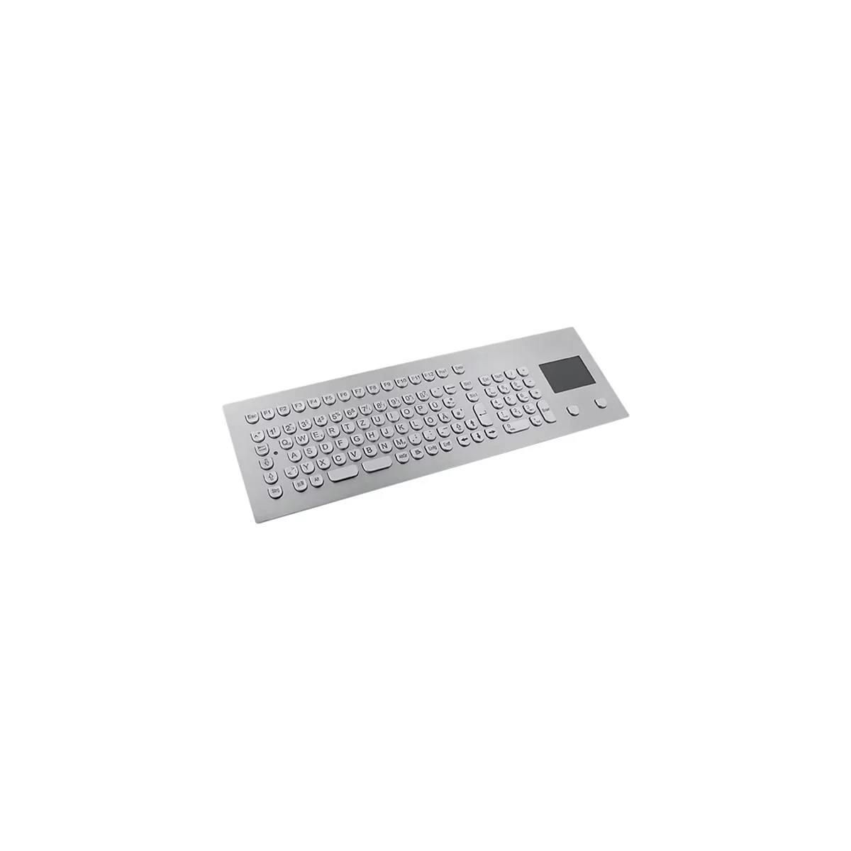 Industrie-Tastatur aus Edelstahl mit integriertem Touchpad und QWERTZ-Layout auf weißem Hintergrund.