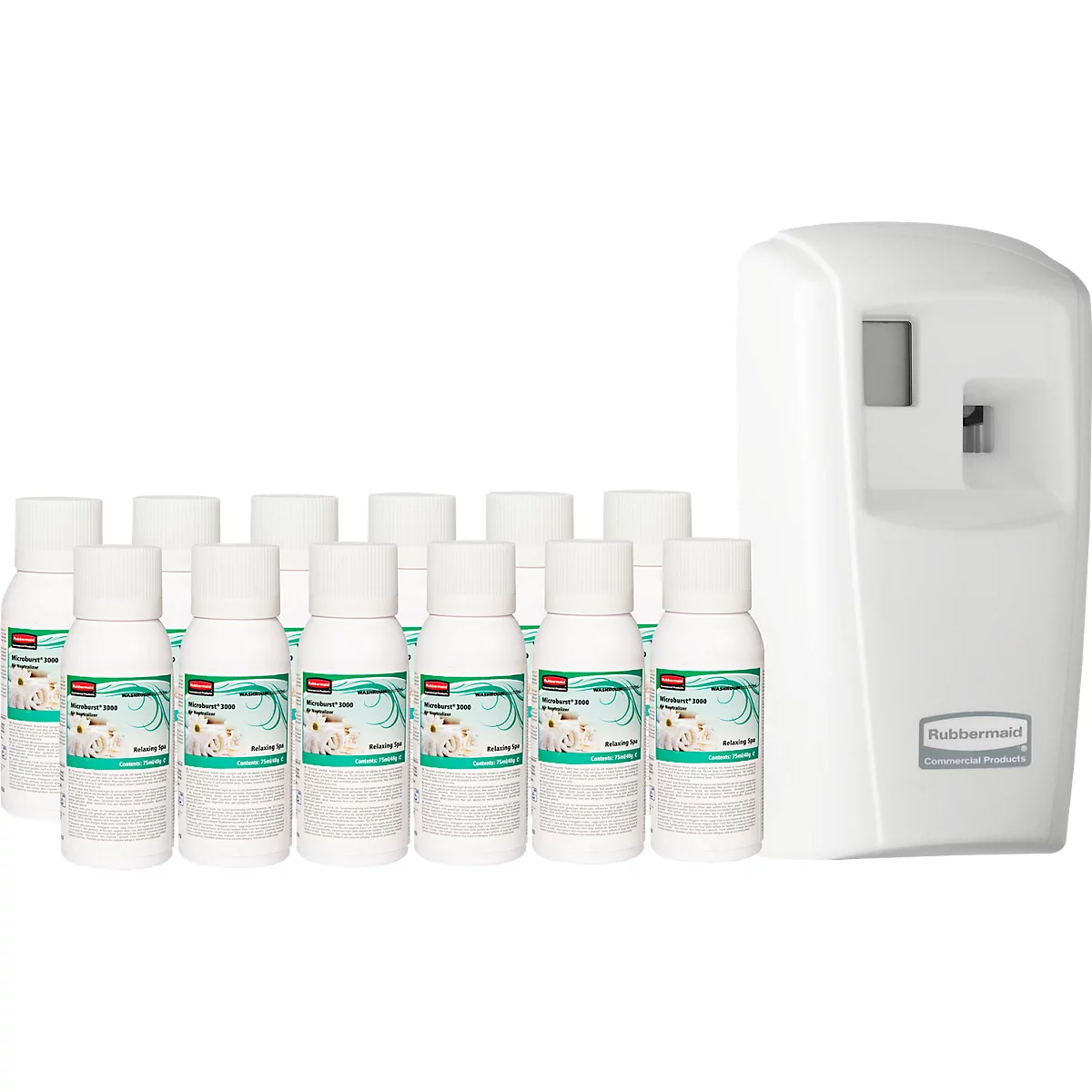 Geurdispenser Rubbermaid Microburst-3000, incl. 12 navulbussen, Relaxing Spa, tot 90 dagen, programmeerbaar, L 187 x B 101 mm x H 82 mm, wit