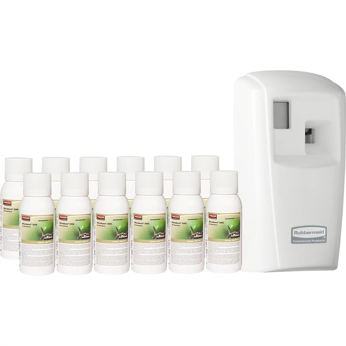 Geurdispenser Rubbermaid Microburst-3000, incl. 12 navulbussen, Sensations, tot 90 dagen, programmeerbaar, L 187 x B 101 mm x H 82 mm, wit