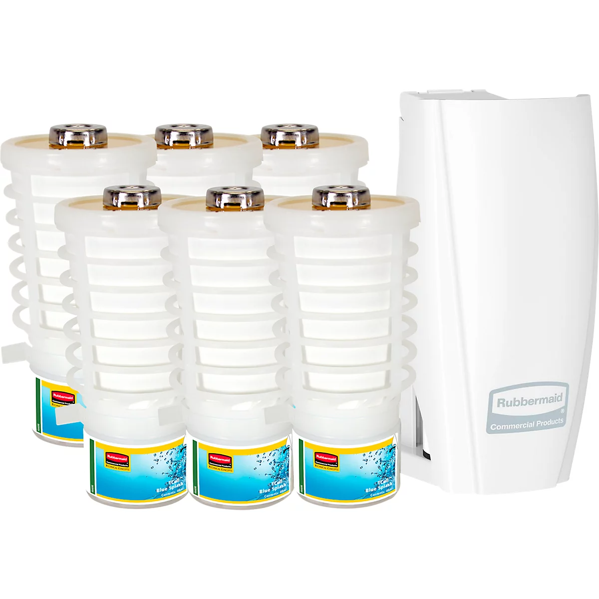 Geurdispenser Rubbermaid TCell 1.0, incl. 6x navulfles, geur Blue Splash, voor maximaal 90 dagen, B 73 x D 74 x H 150 mm, wit