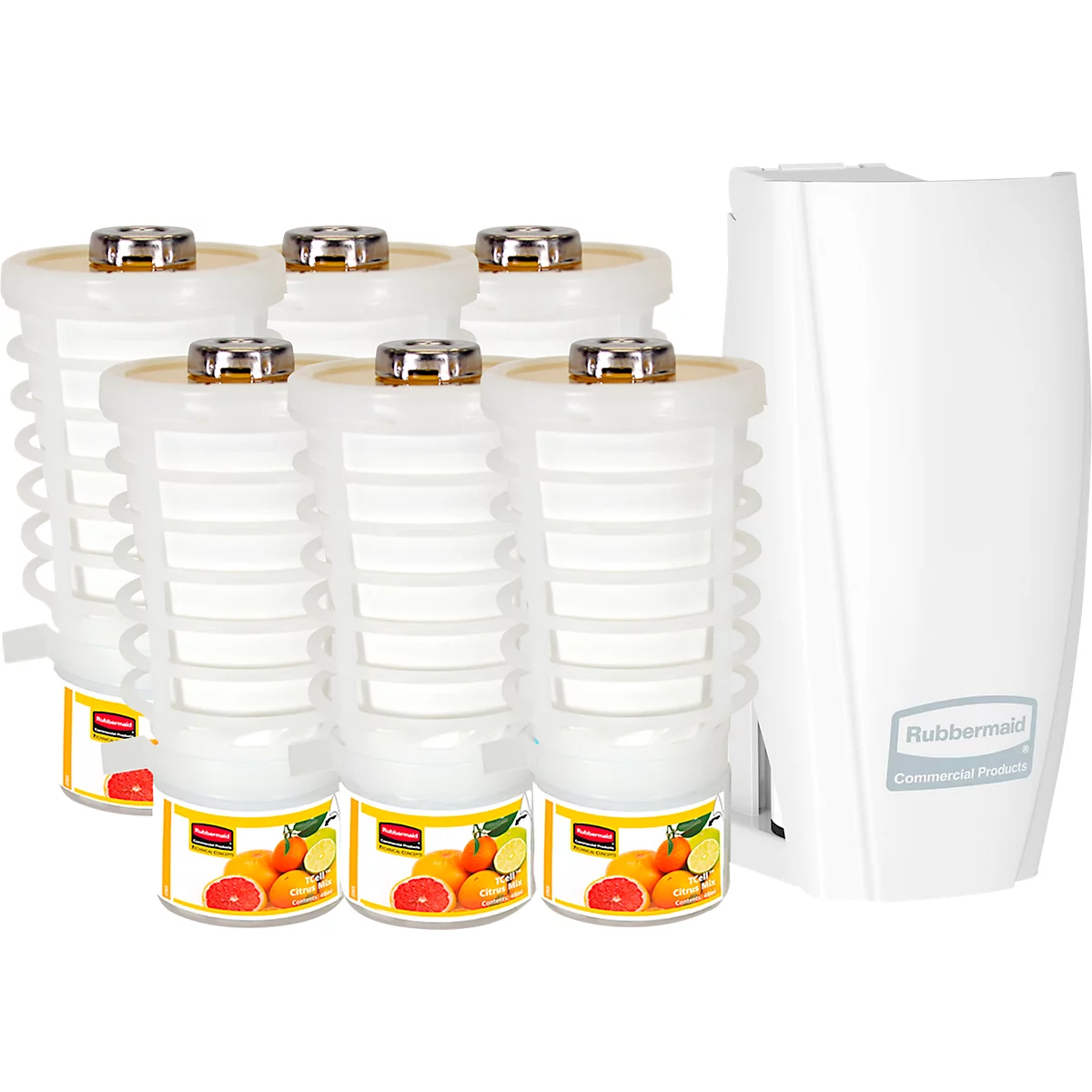 Geurdispenser Rubbermaid TCell 1.0, incl. 6x navulfles, geur Citrus Mix, voor maximaal 90 dagen, B 73 x D 74 x H 150 mm, wit