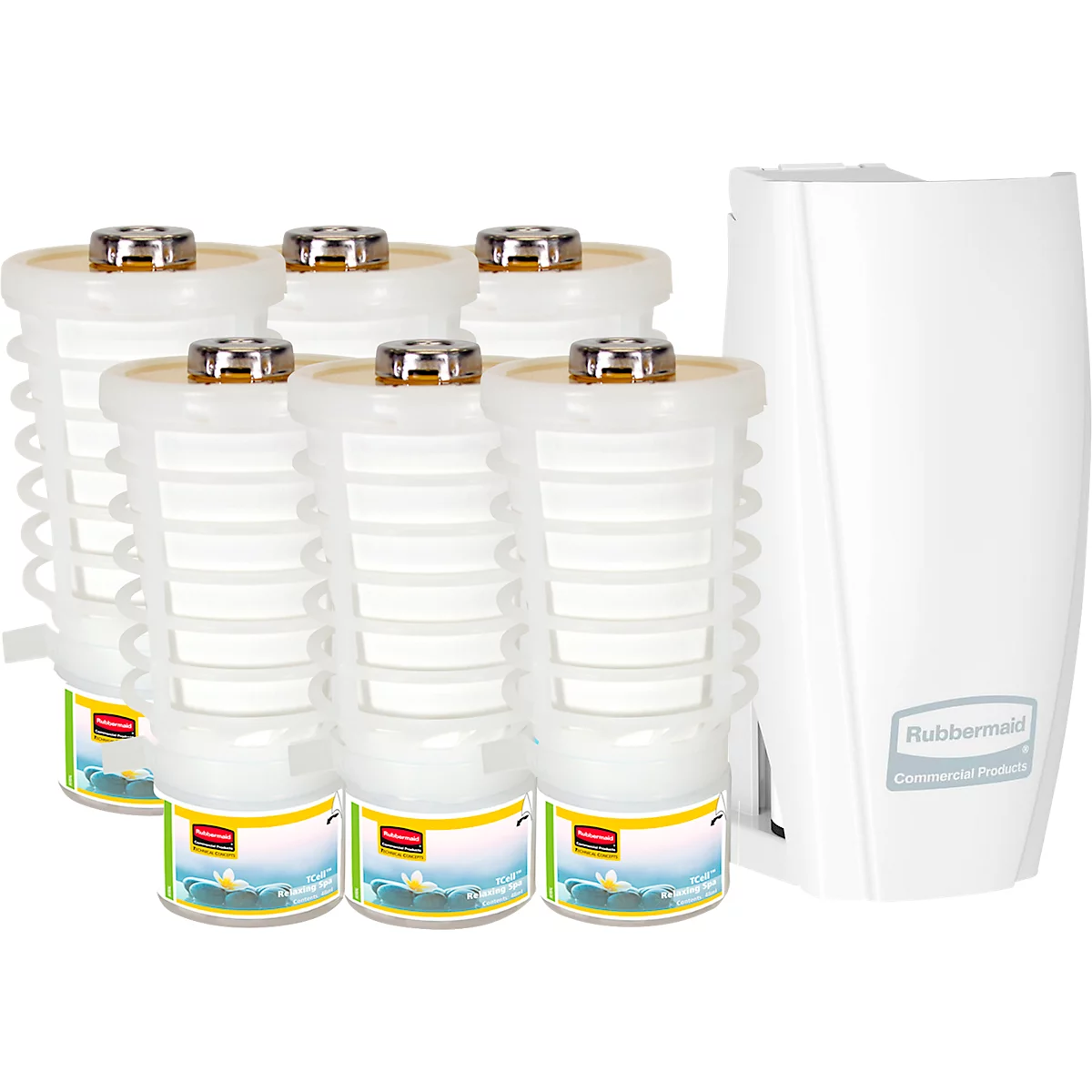 Geurdispenser Rubbermaid TCell 1.0, incl. 6x navulfles, geur Relaxing Spa, voor maximaal 90 dagen, B 73 x D 74 x H 150 mm, wit