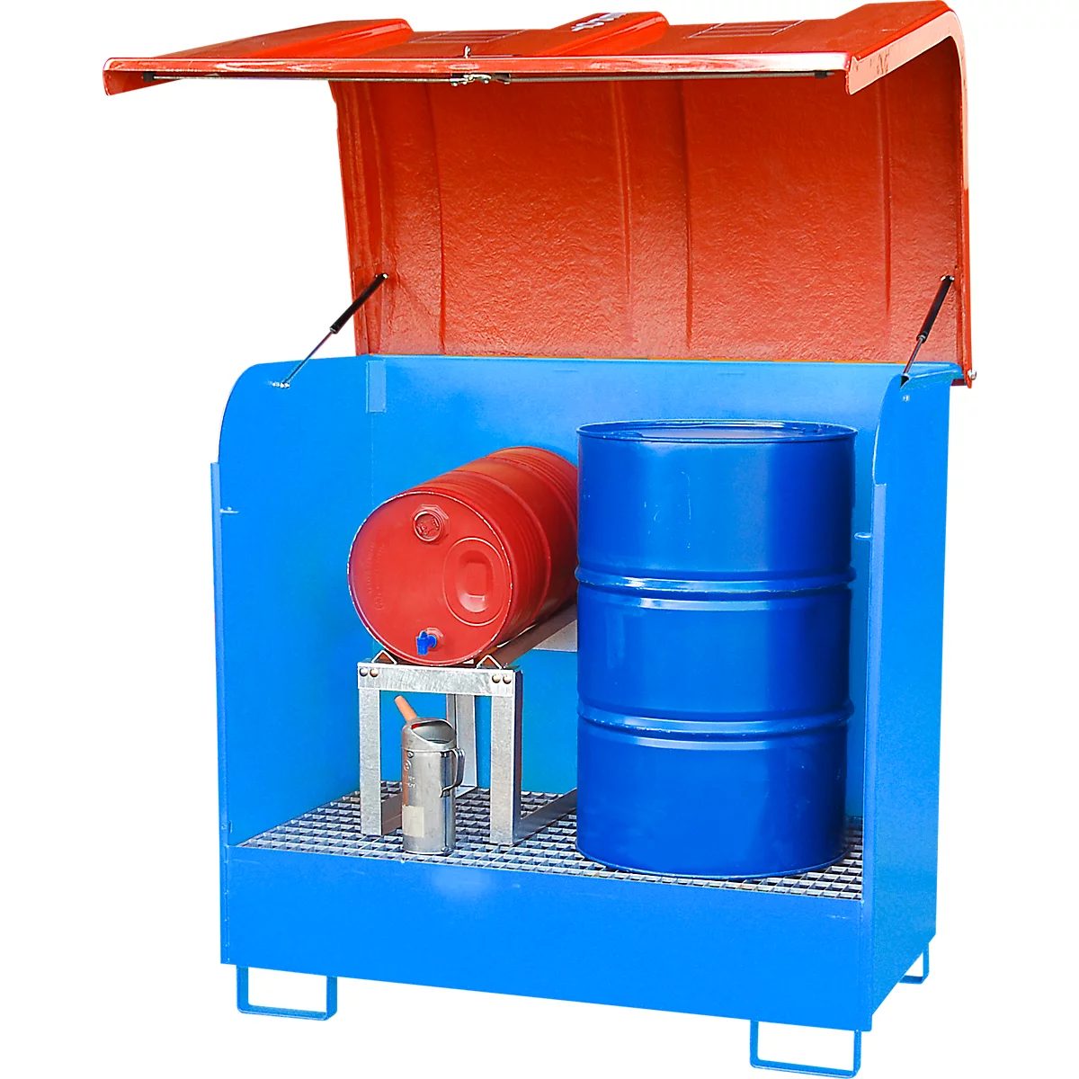 Blau opvangbak met rode deksel, met twee vaten, een rode, een blauwe.