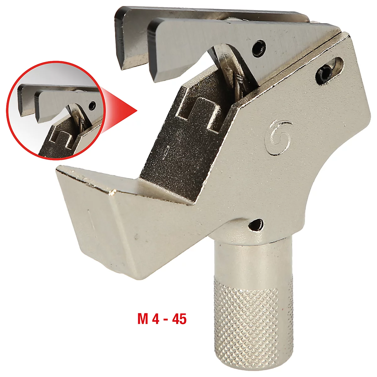 Metallwerkzeug mit scharfen Klingen und einer Detailansicht. Aufschrift "M 4 - 45".