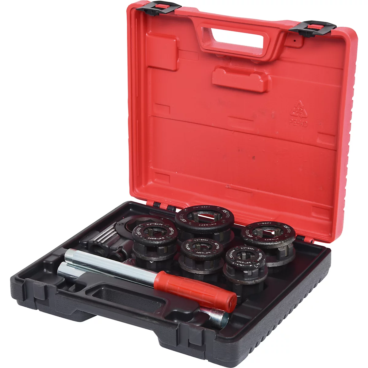 Werkzeugkoffer mit einem Satz Gewindeschneider. Rote Werkzeugbox, schwarze Einsätze, Gewindeschneider aus Metall mit rotem Griff.
