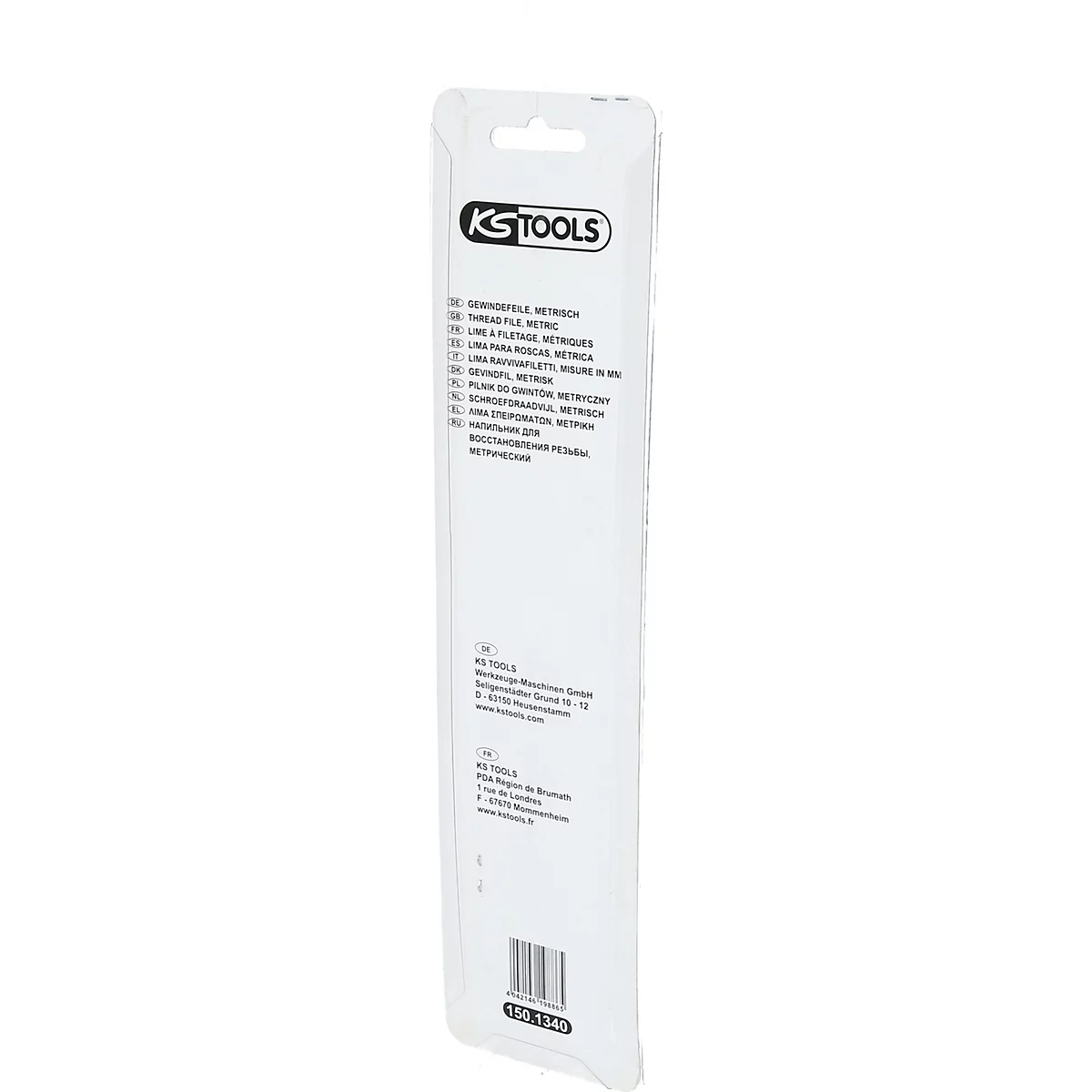 Produktverpackung von KS TOOLS. Auf weißem Grund Text in verschiedenen Sprachen. Oben links das Logo der Marke.