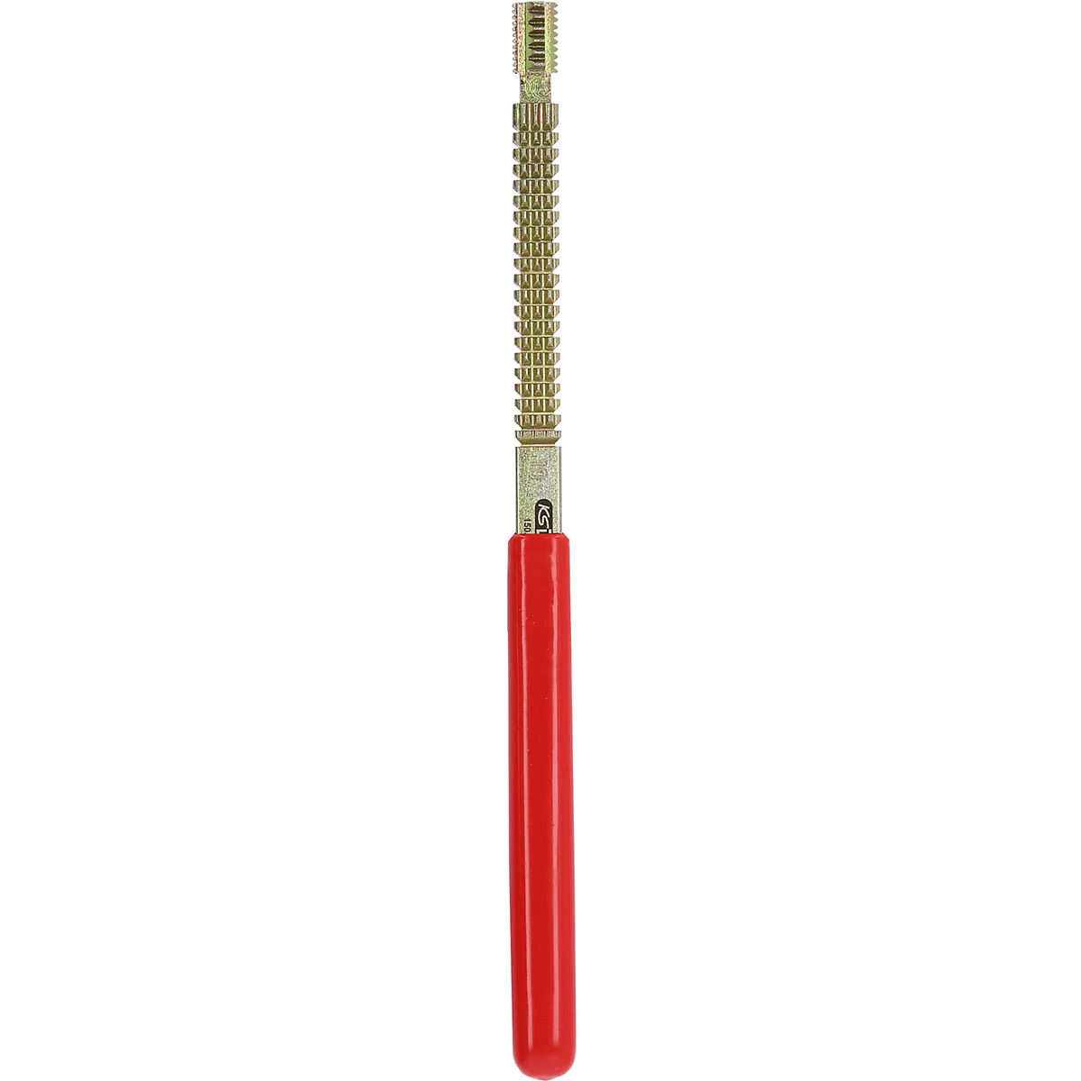 Ein roter Stift mit metallischen Elementen. Der obere Teil ist geriffelt, der untere Teil rot.