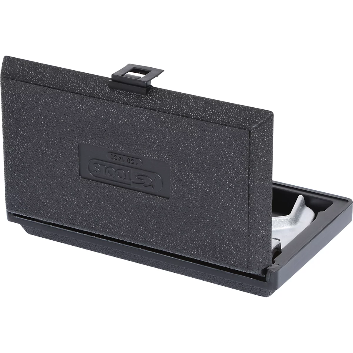 Schwarzer Werkzeugkoffer, geöffnet, zeigt ein silbernes Werkzeug. Deckel mit Klickschließe, KS TOOLS Schriftzug.