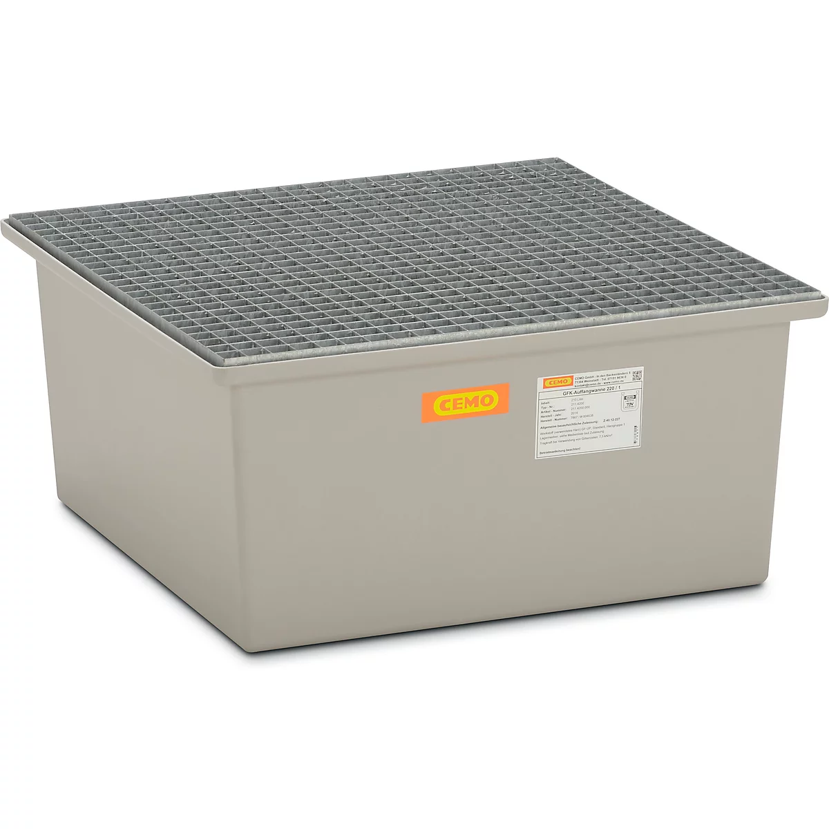GFK-Auffangwanne 220/1 CEMO, 210 l Auffangvolumen, B 850 x T x 850 x H 400 mm, mit verzinktem Gitterrost