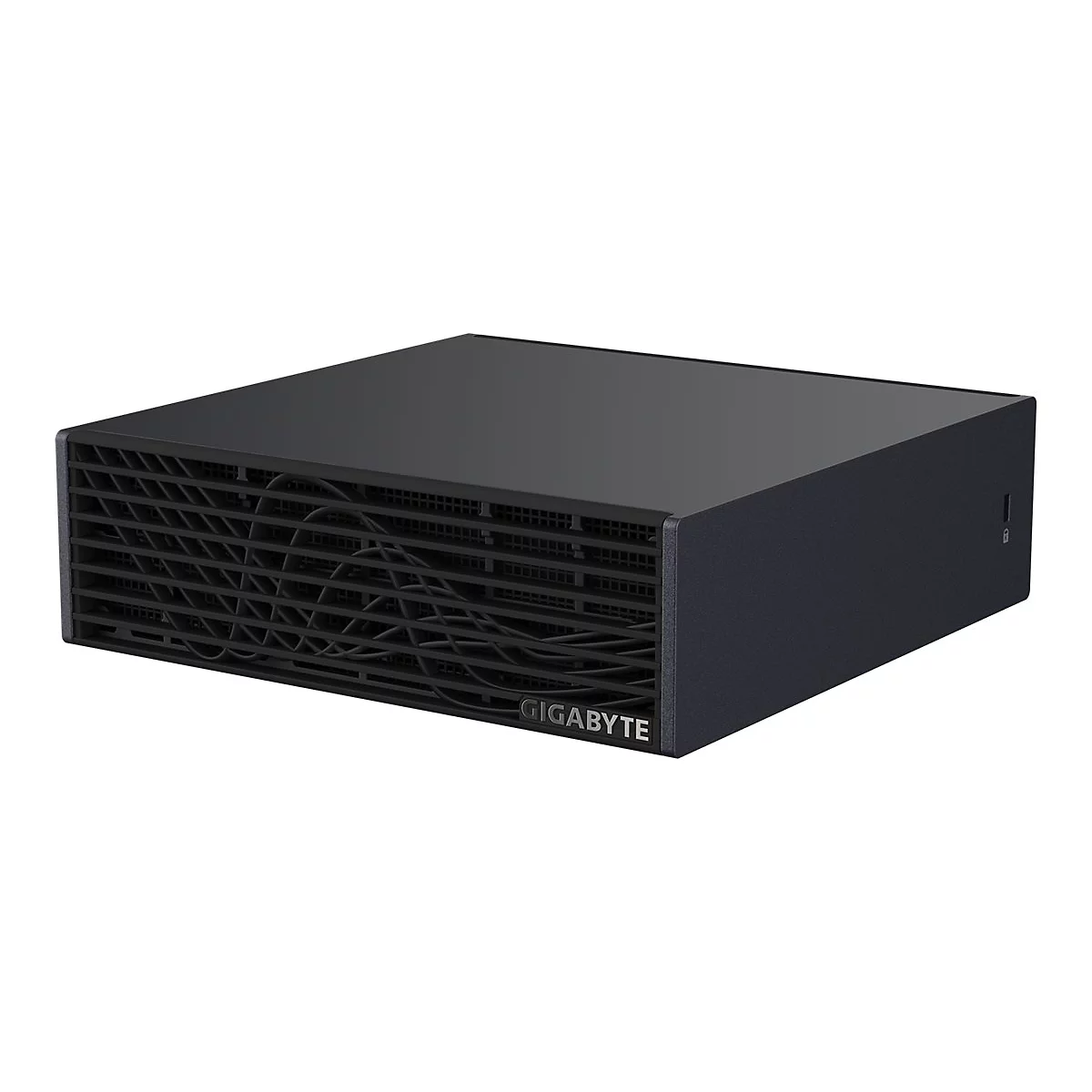 Schwarzes Gigabyte Gehäuse mit markantem, wellenförmigem Frontgitter auf weißem Hintergrund.