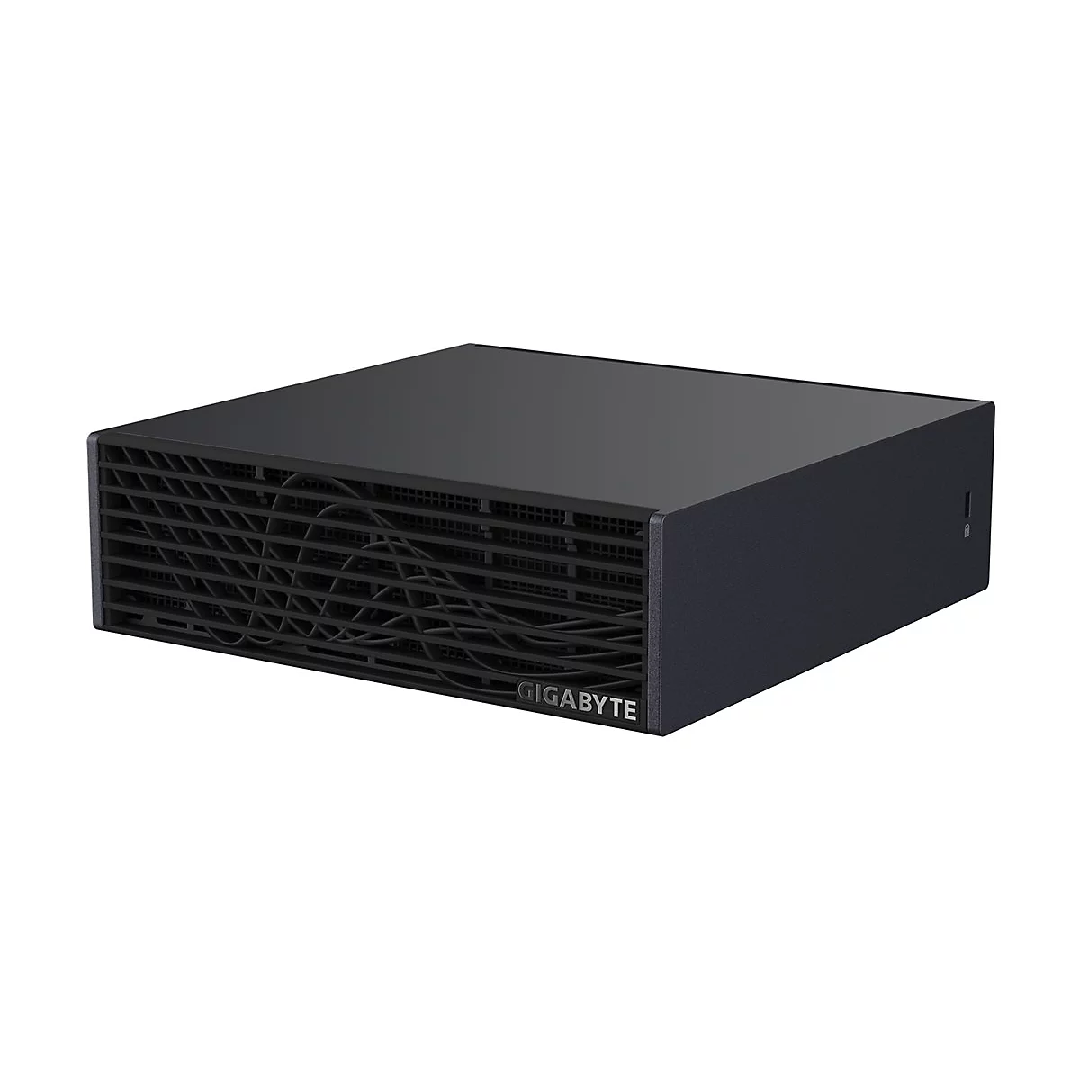 Schwarzer Gigabyte Mini-PC mit gerippter Frontblende und Firmenlogo vor weißem Hintergrund.