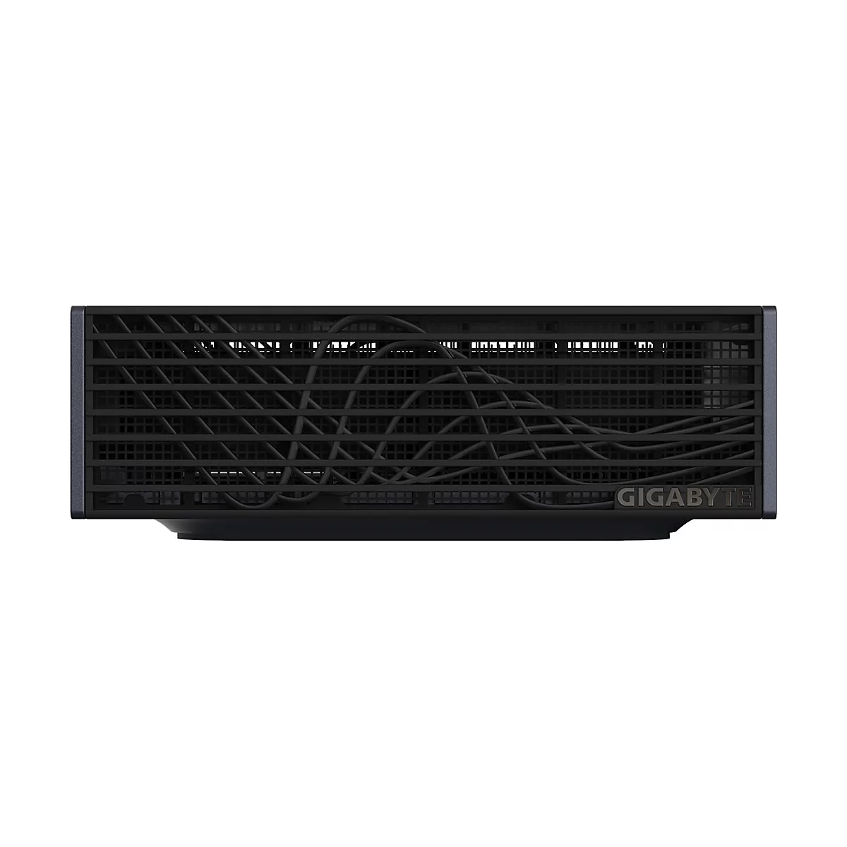 Schwarzes Gigabyte-Gehäuse mit wellenförmigem Gitterdesign an der Front auf weißem Hintergrund.