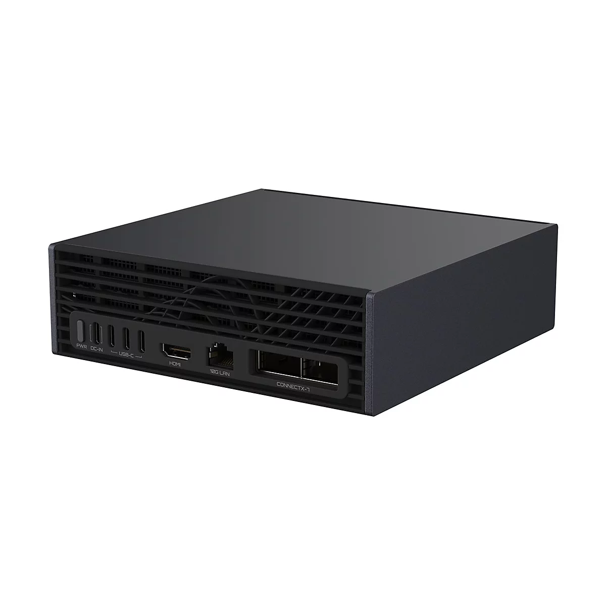 Schwarzer Mini-PC mit Anschlüssen für USB-C, HDMI, 10G-LAN und ConnectX-1 auf weißem Hintergrund.