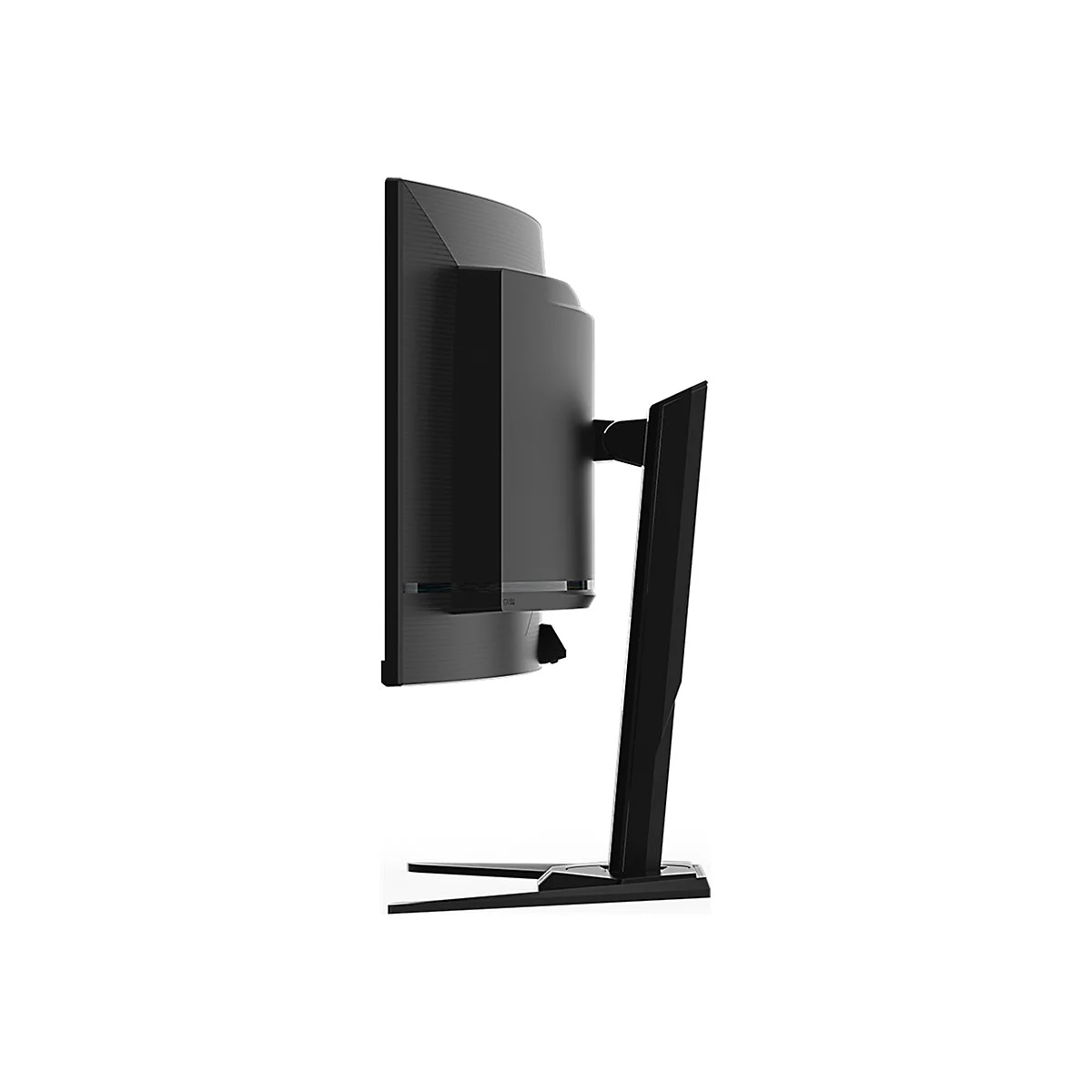Schwarzer Monitor im Profil, mit Standfuß. Sichtbar sind Details der Gehäuseform und des Stands.